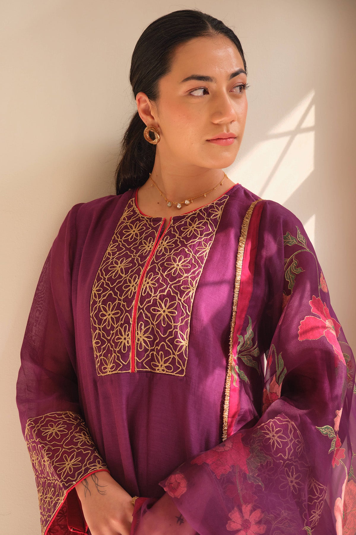 Violet Handwoven Zari Kurta Set