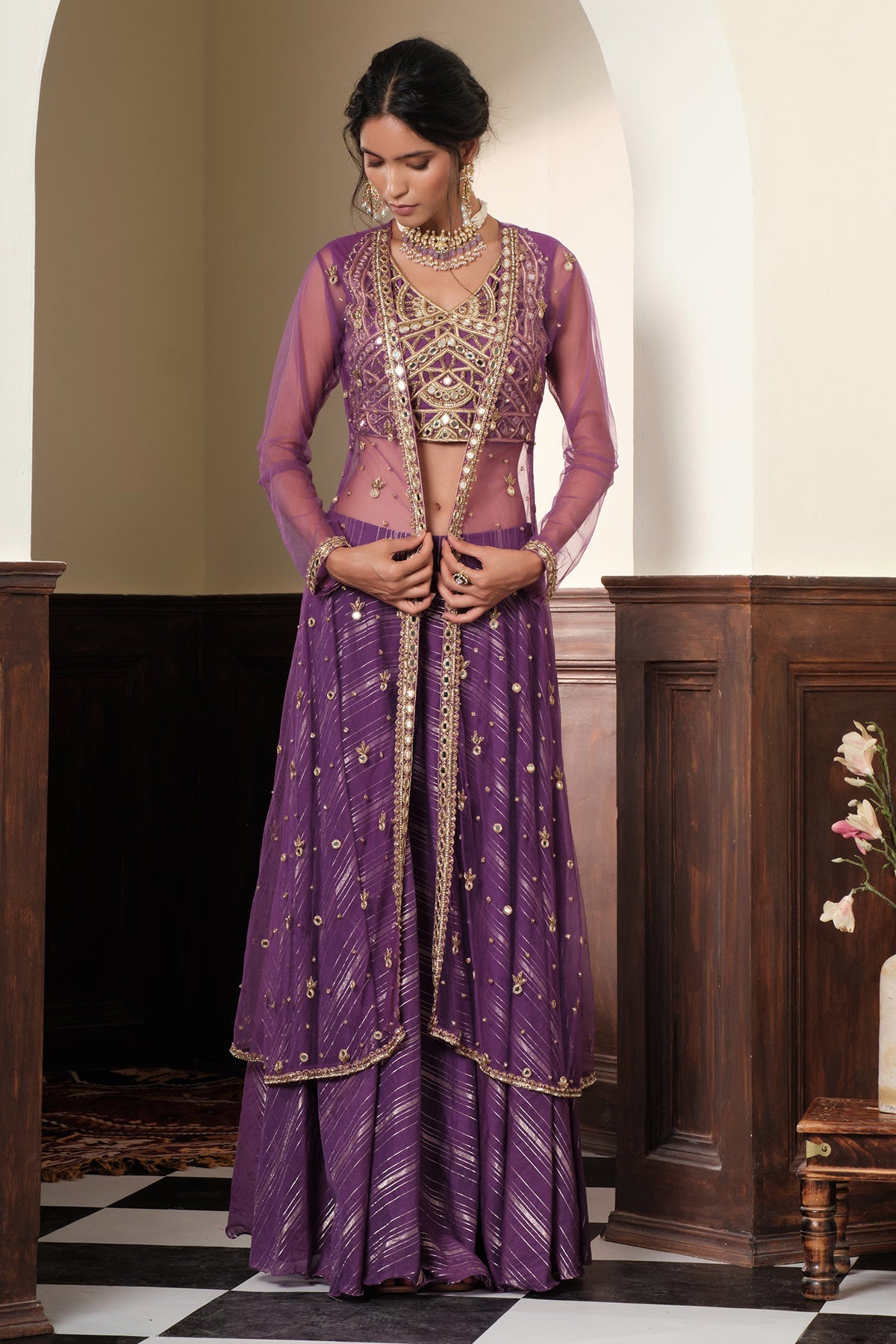 Buy Violet Mirror Work Jacket Set for women online available at Scrollnshops 