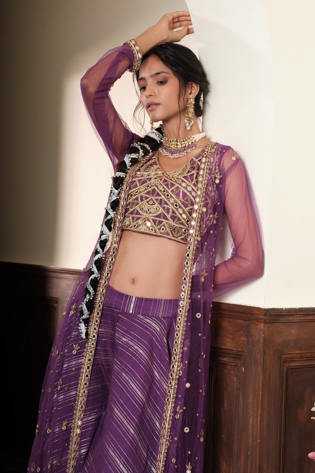 Violet Mirror Work Jacket Set