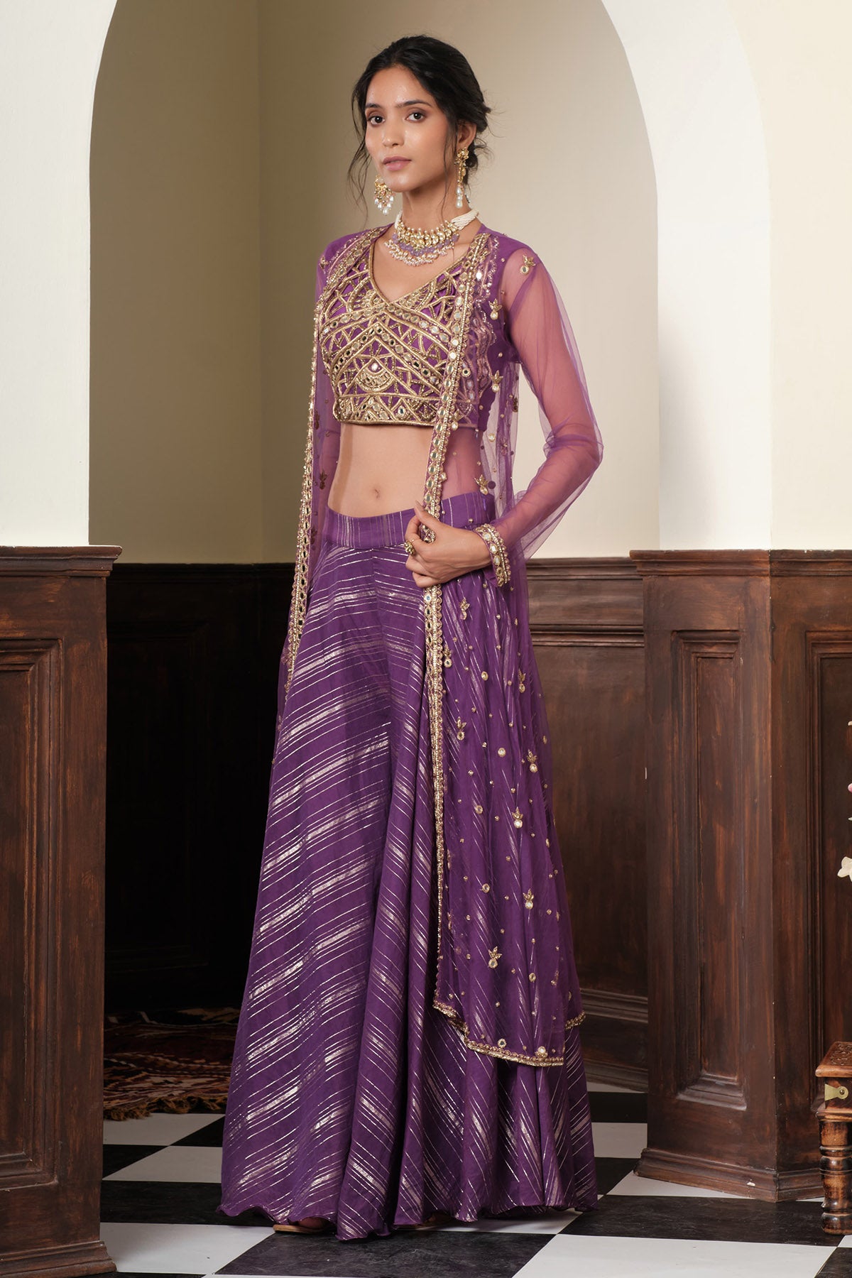 Violet Mirror Work Jacket Set