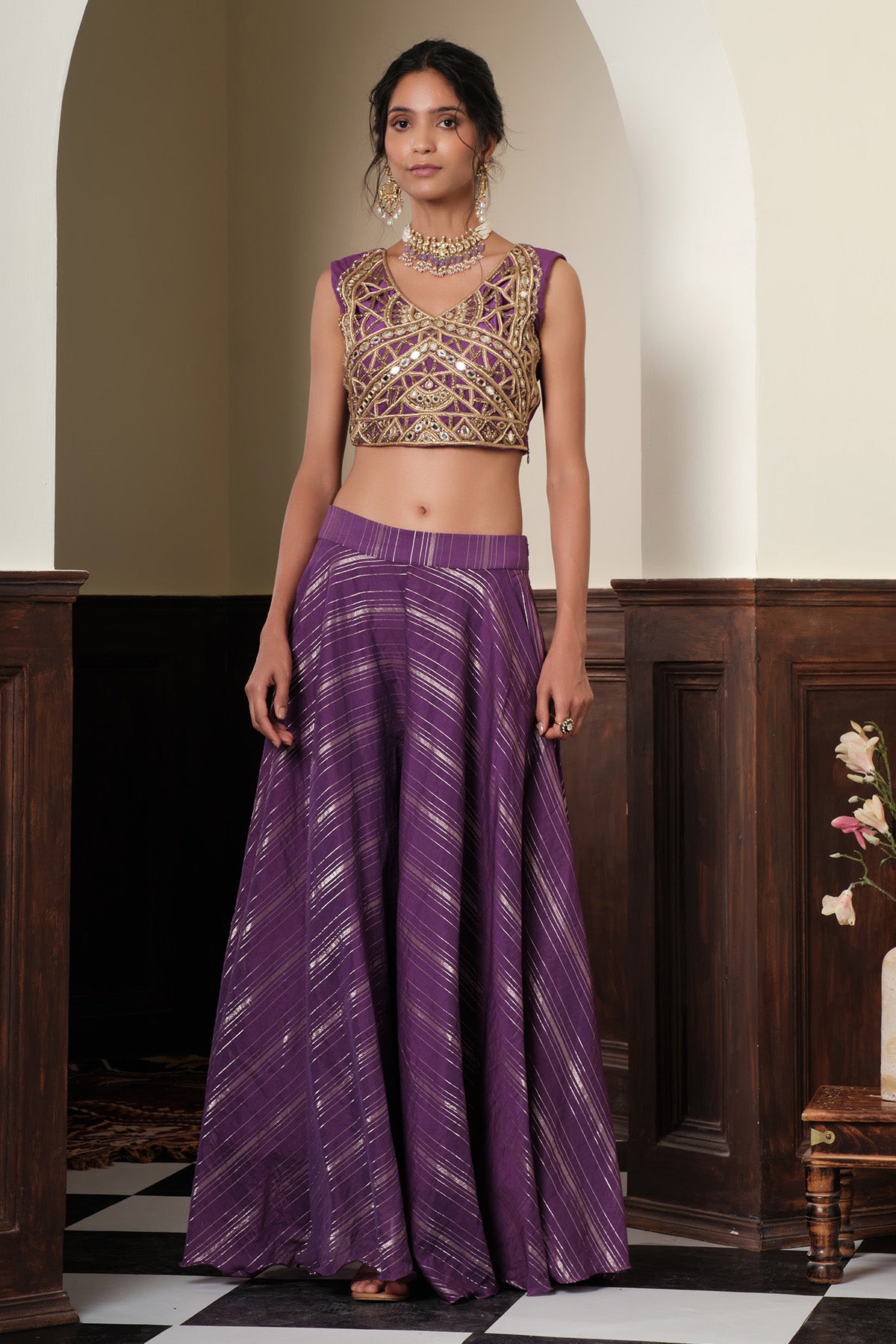 Violet Mirror Work Jacket Set