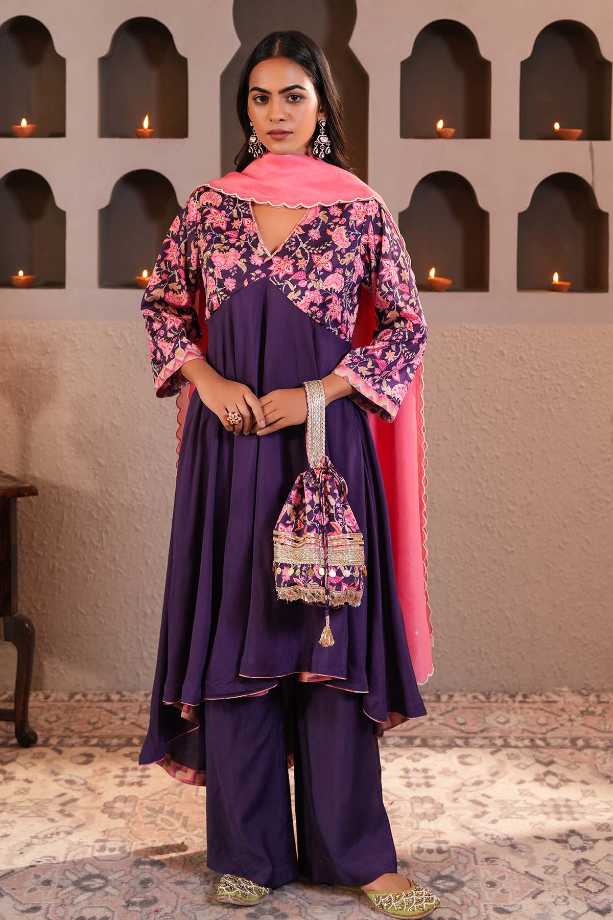 Violet Pearl Work Printed Potli