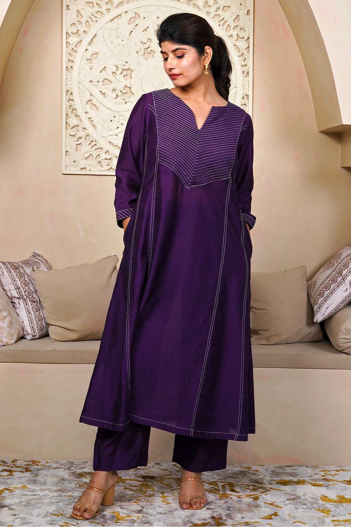 Imrie Violet Pintuck Yoke Kurta Set for women online at ScrollnShops