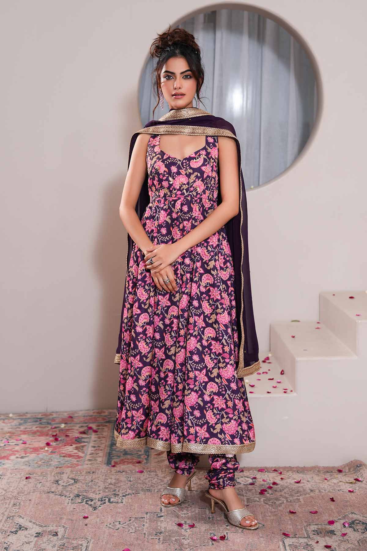 Buy Violet Printed Anarkali & Pants by Ugna by Unnati for women online at ScrollnShops