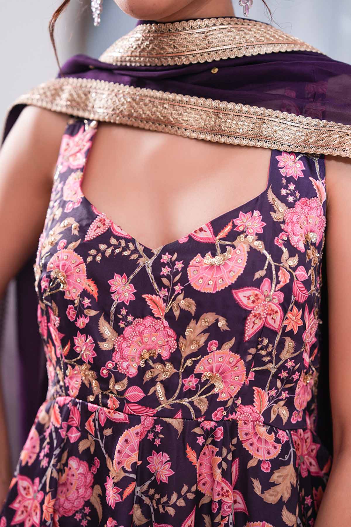 Violet Printed Anarkali & Pants