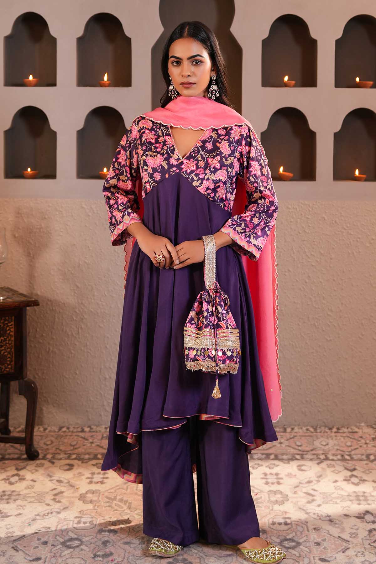 Violet Printed Yoke Kurta Set