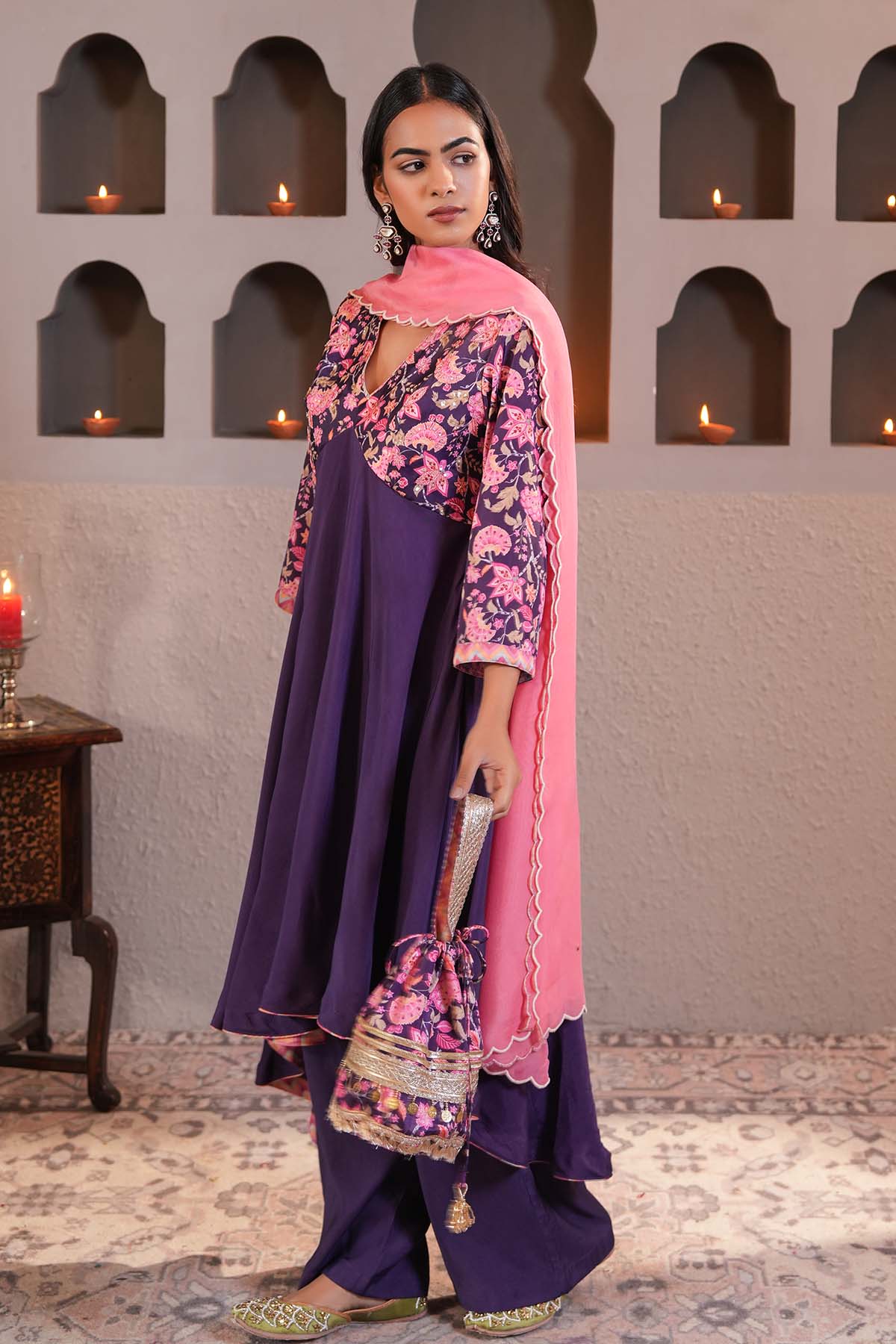 Violet Printed Yoke Kurta Set
