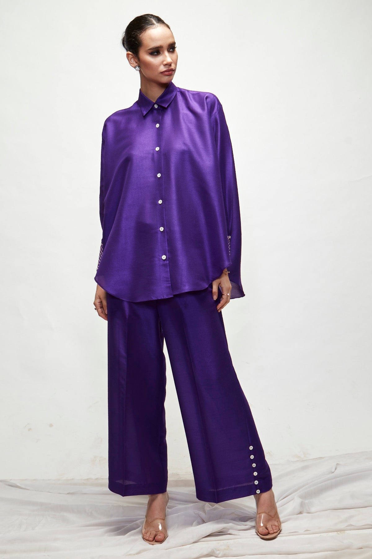 Designer Ranian Violet silk blend relaxed co-ord set with straight pants and shirt with broad cuffs and pearls For Women Online at ScrollnShops