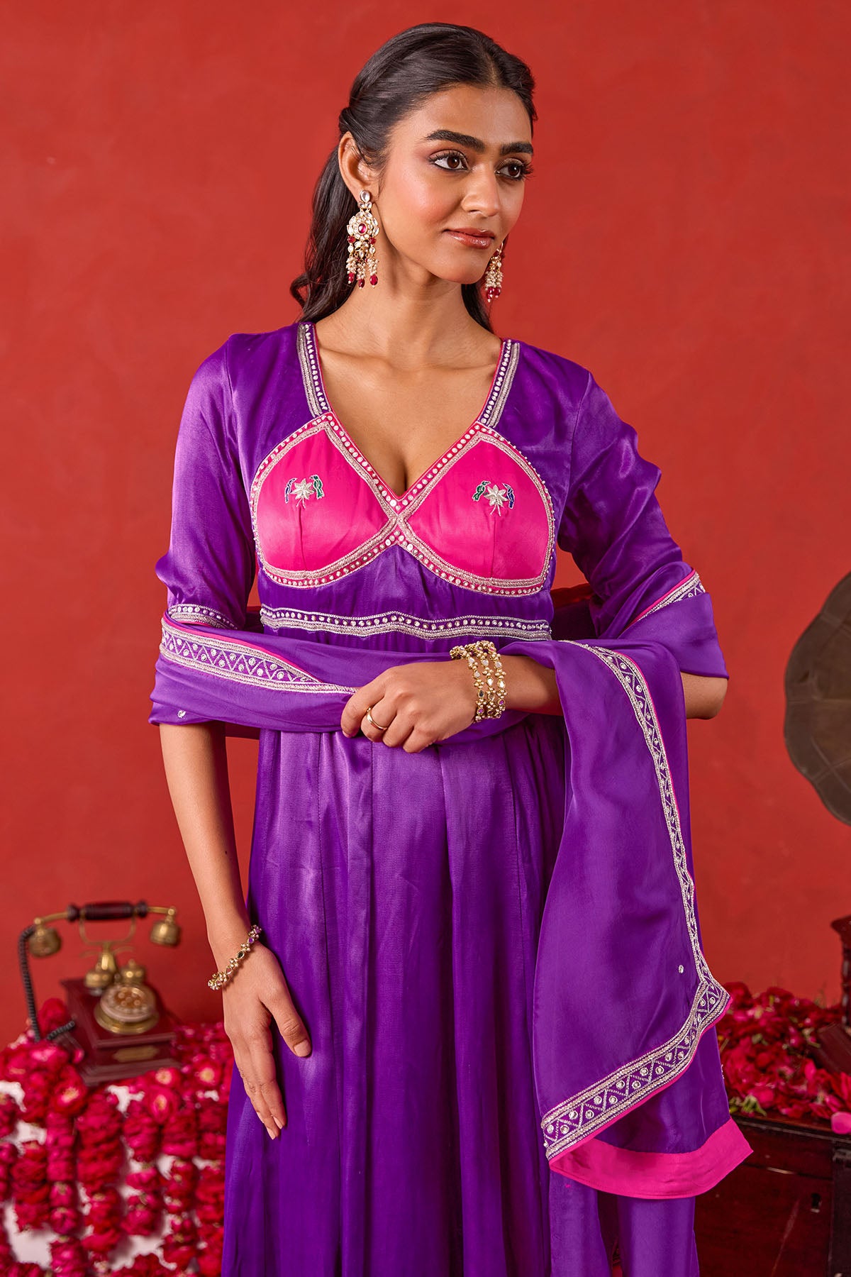 Violet Silk Satin Anarkali Set