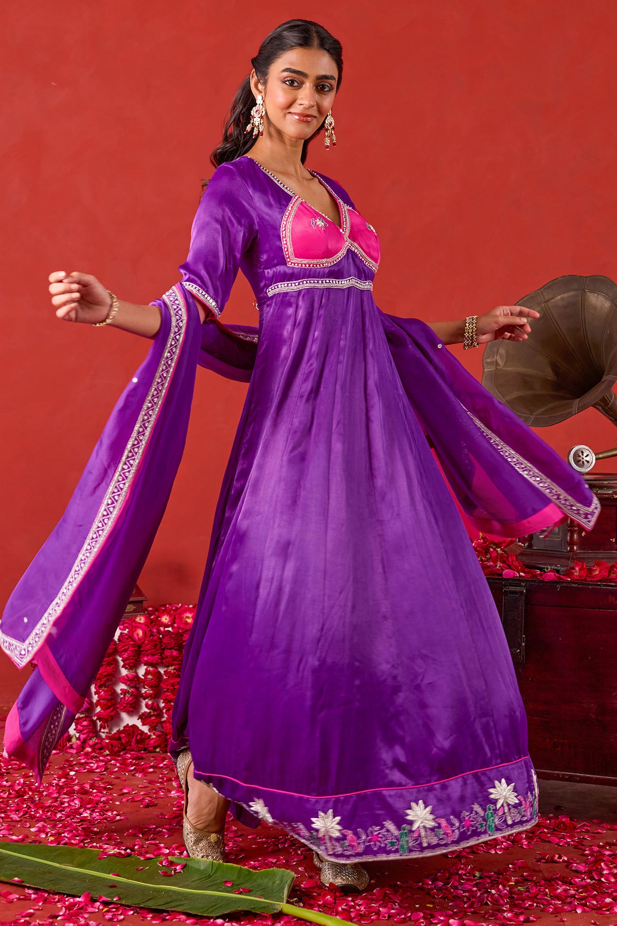 Violet Silk Satin Anarkali Set