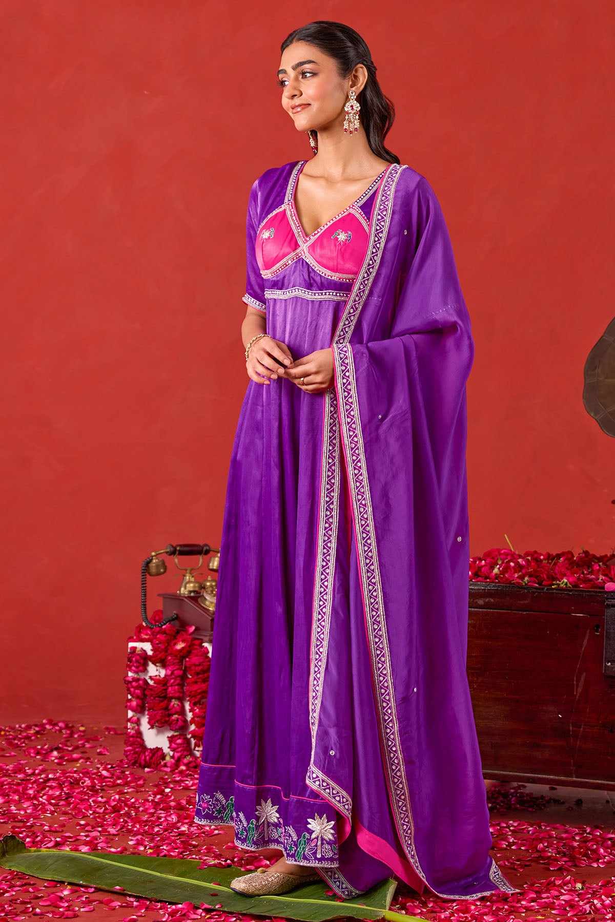 Violet Silk Satin Anarkali Set