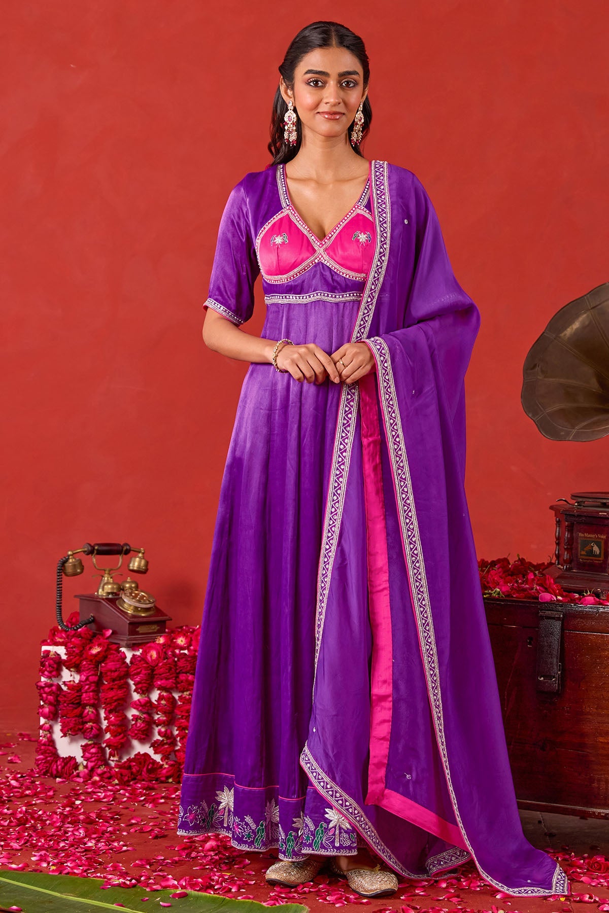 Buy Violet Silk Satin Anarkali Set for women by Taro India online available at scrollnshops