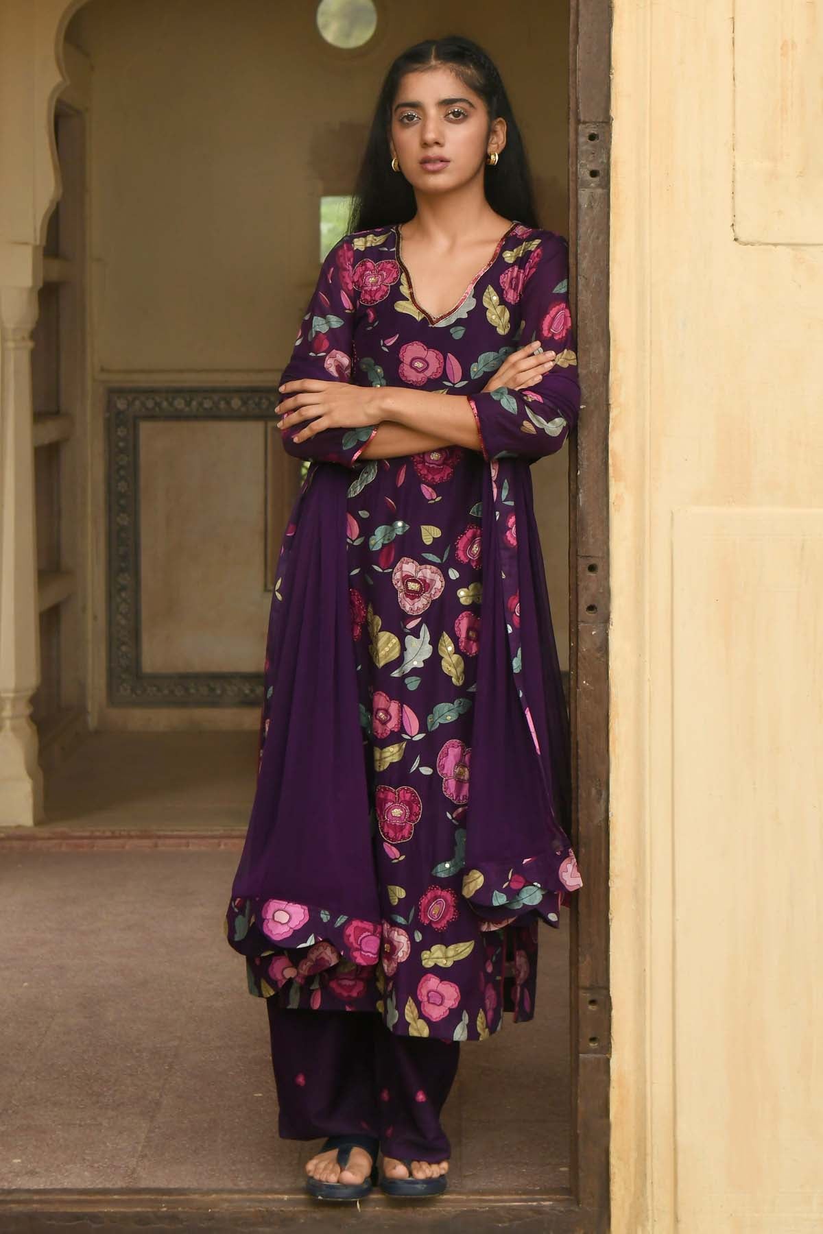 Taro India Violet V-Neck Print Kurta Set for women online at ScrollnShops