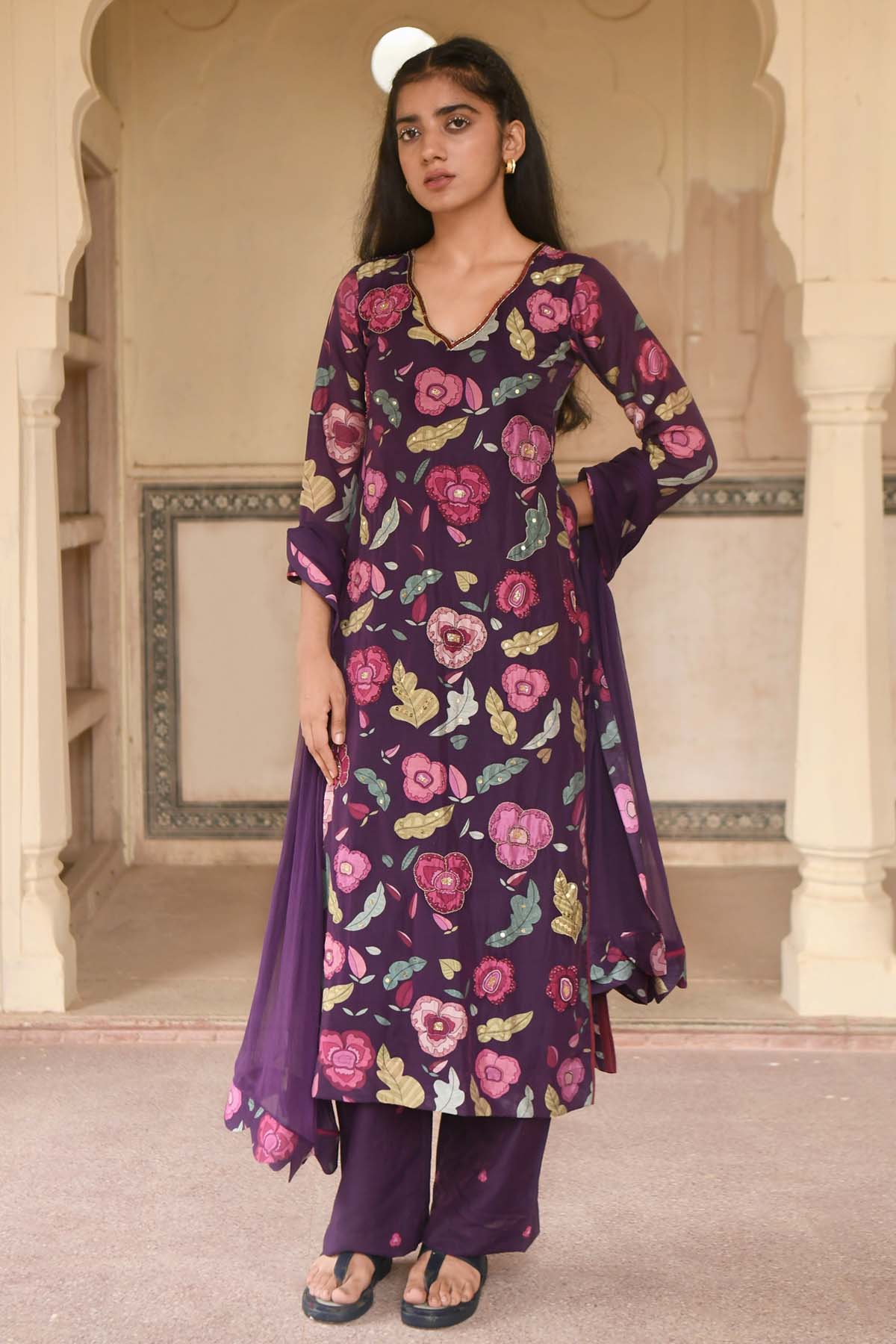 Violet V-Neck Print Kurta Set