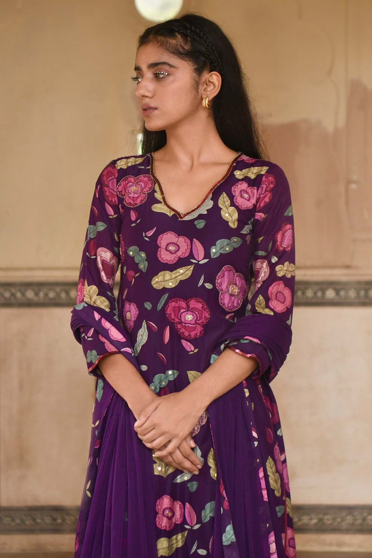 Violet V-Neck Print Kurta Set
