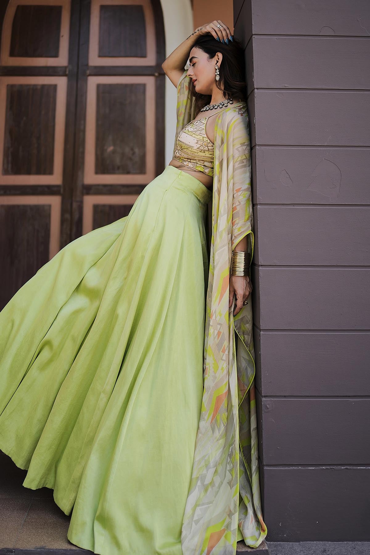 Viscose Lime Green Lehenga Set
