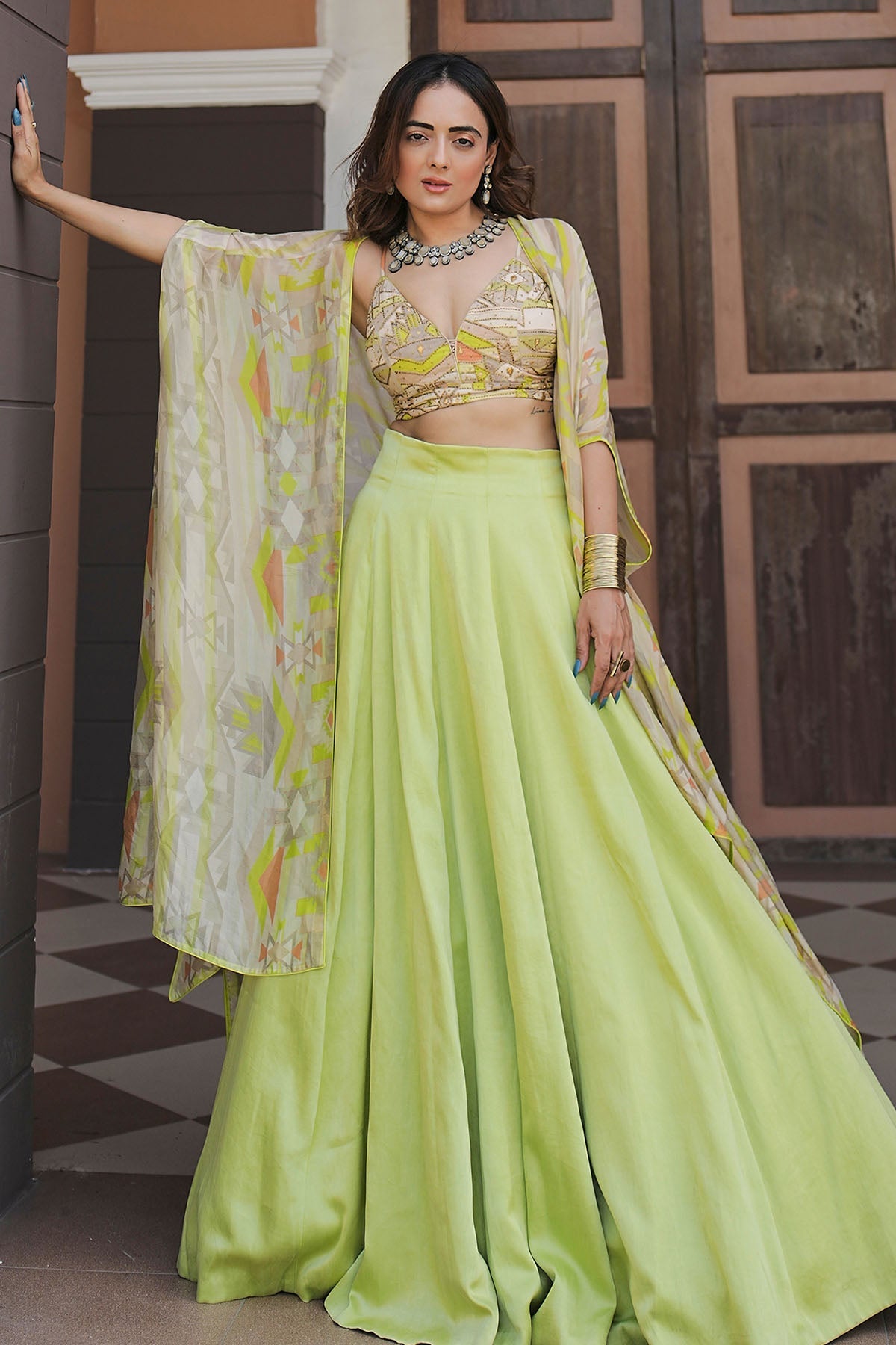 Buy Viscose Lime Green Lehenga Set by Koswi for women online at ScrollnShops