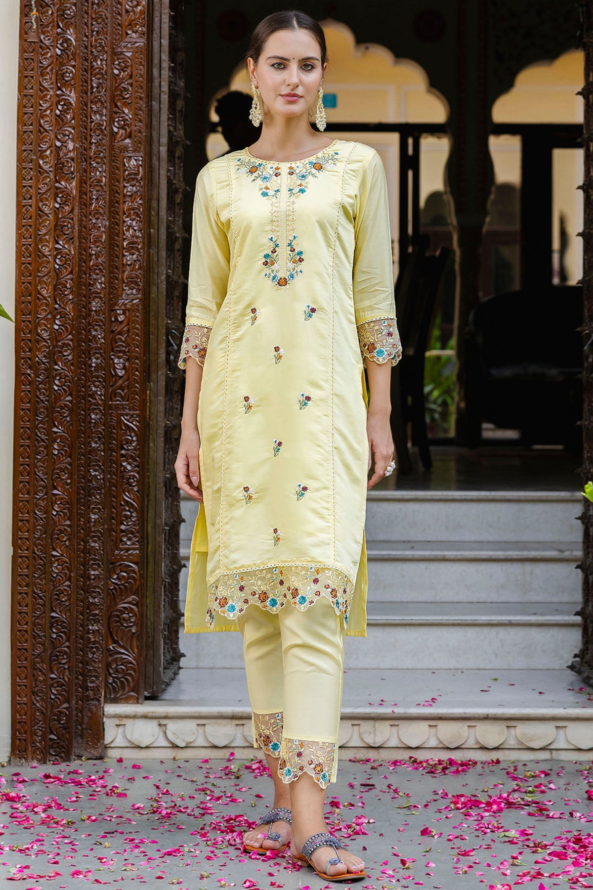 Viscose Roman Yellow Kurta Set