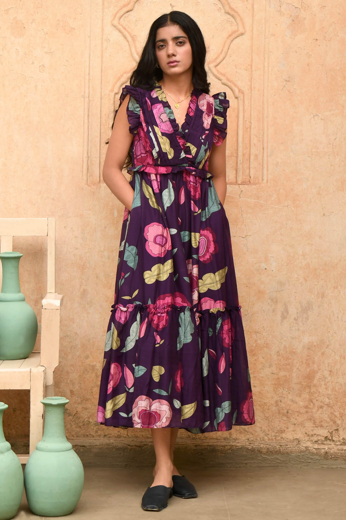 Taro India Voilet Foliage Print Midi Dress for women online at ScrollnShops