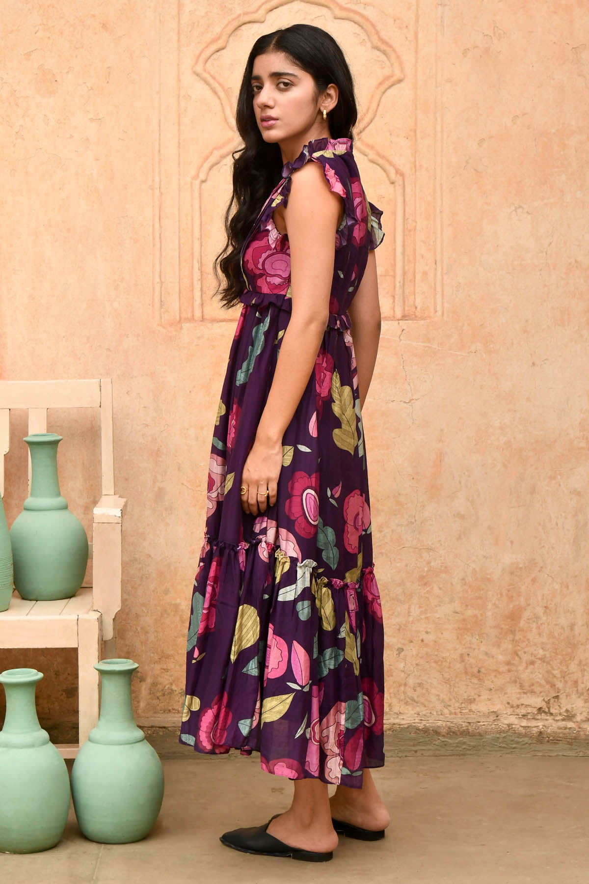 Voilet Foliage Print Midi Dress