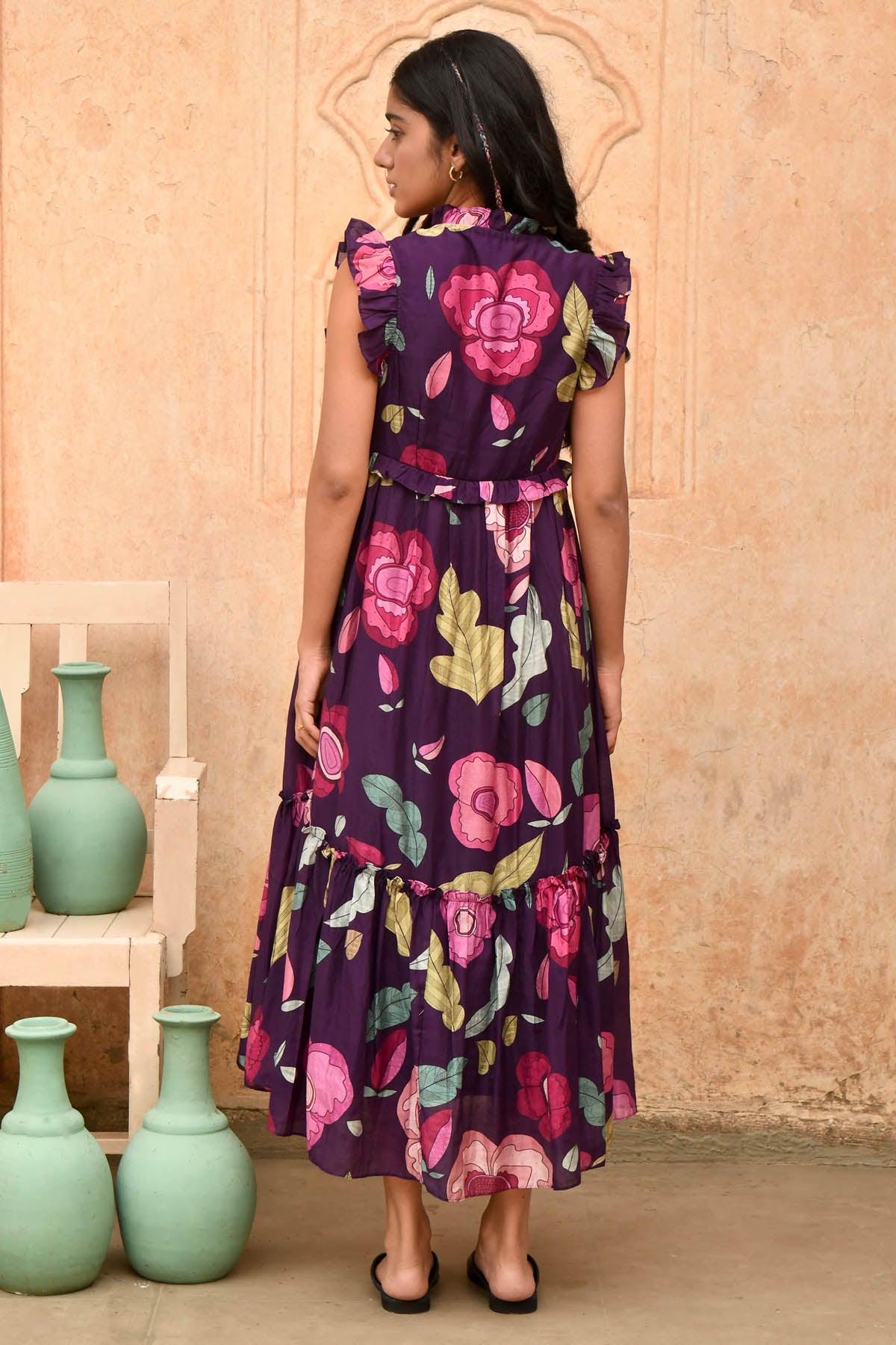 Voilet Foliage Print Midi Dress