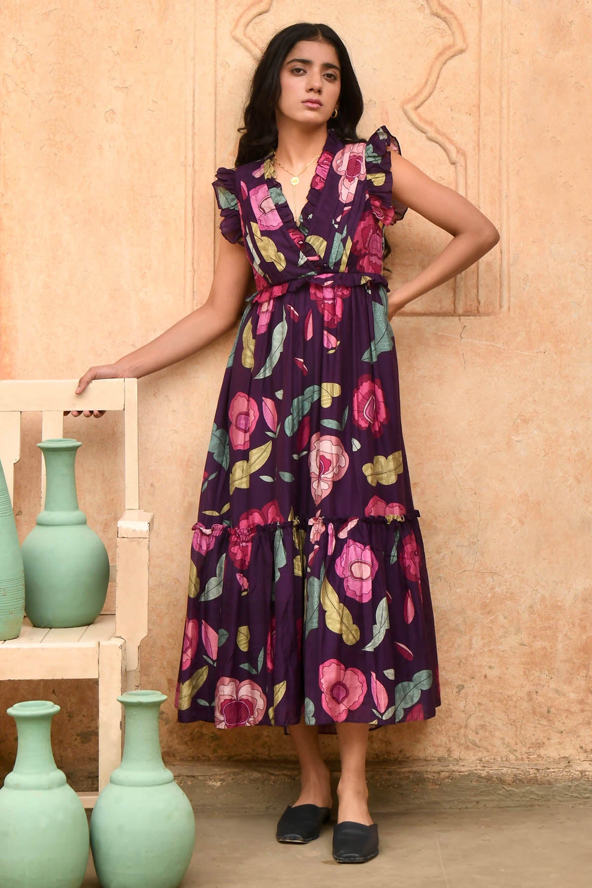 Voilet Foliage Print Midi Dress