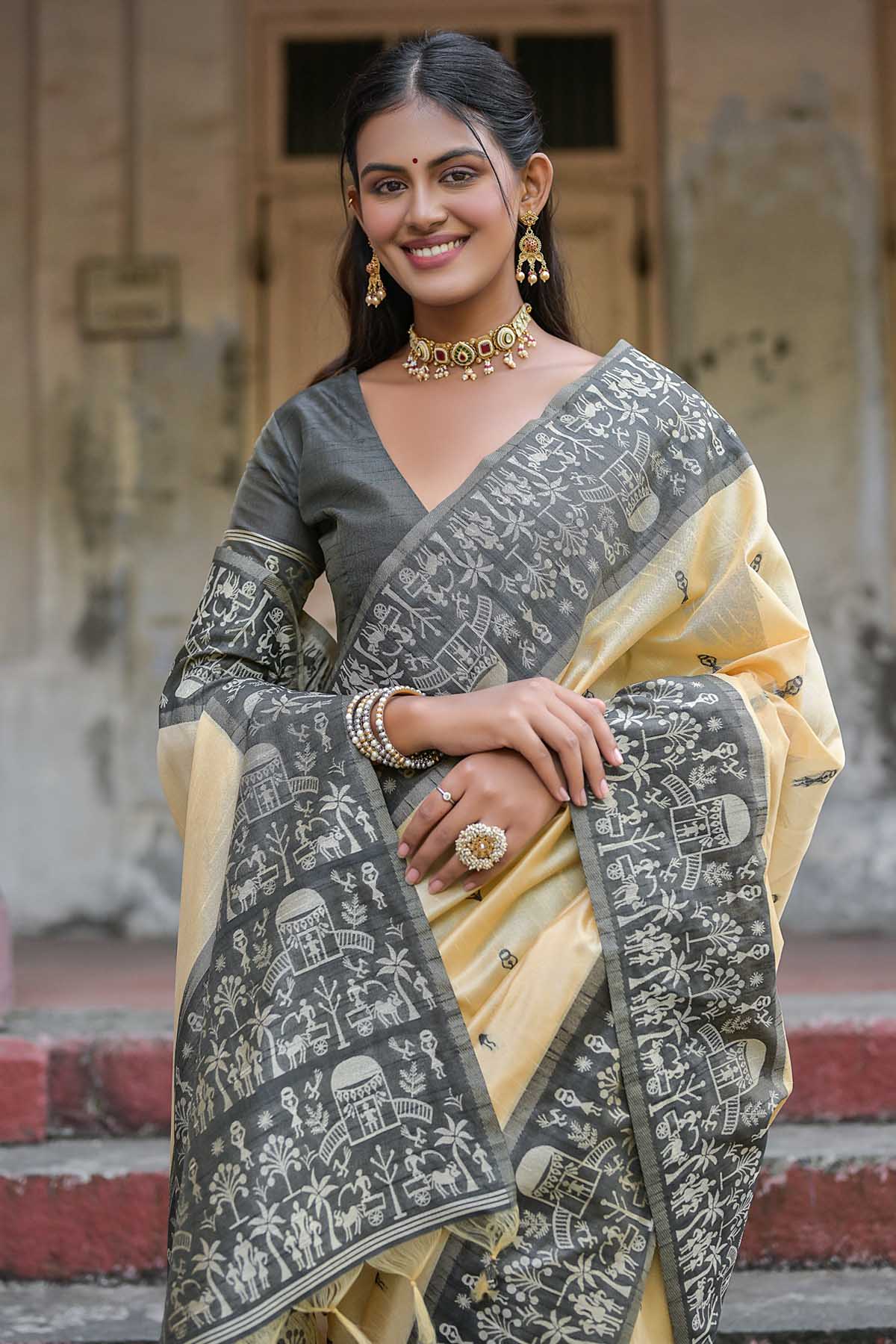 Warli Black Border Saree