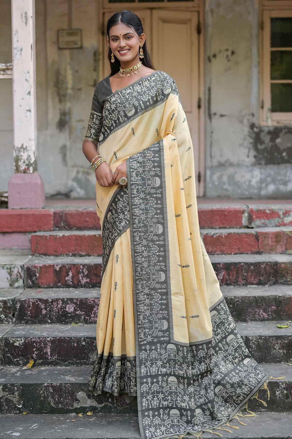 Warli Black Border Saree