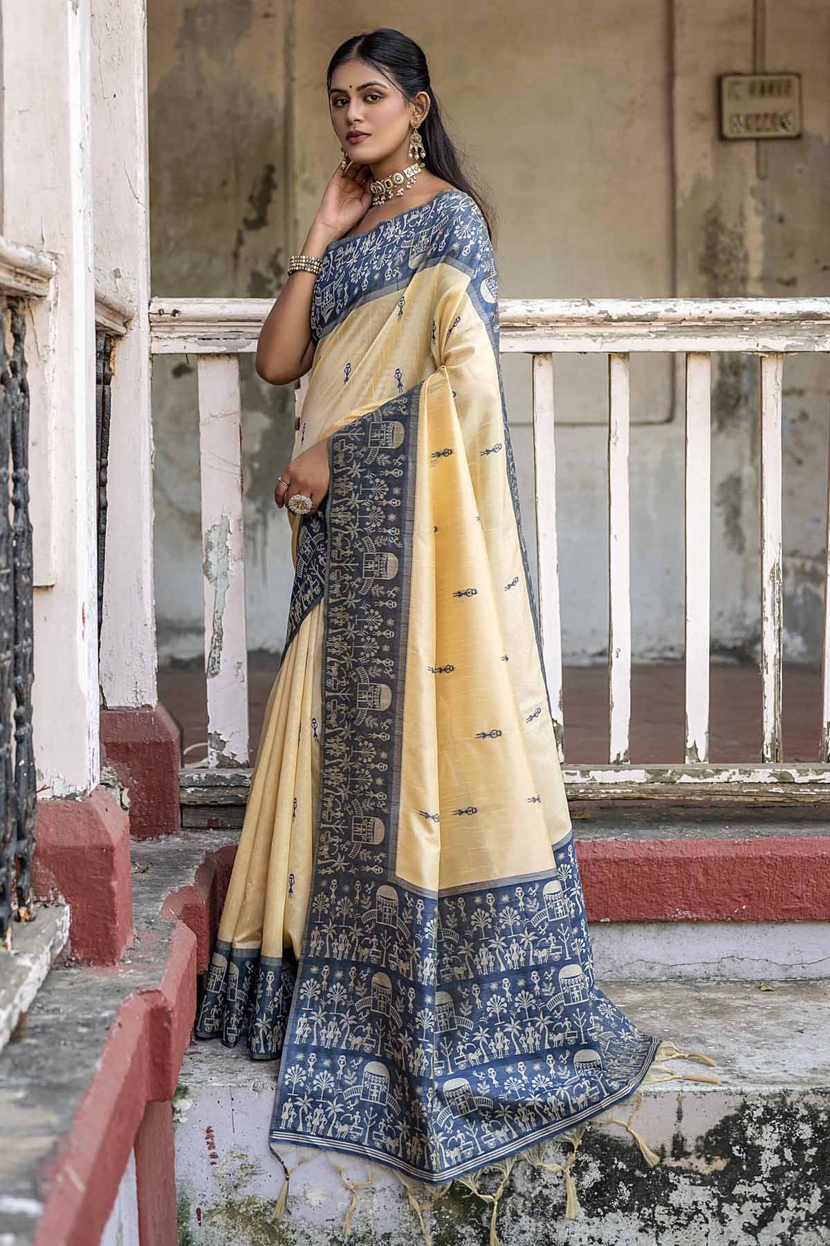Warli Blue Border Silk Saree