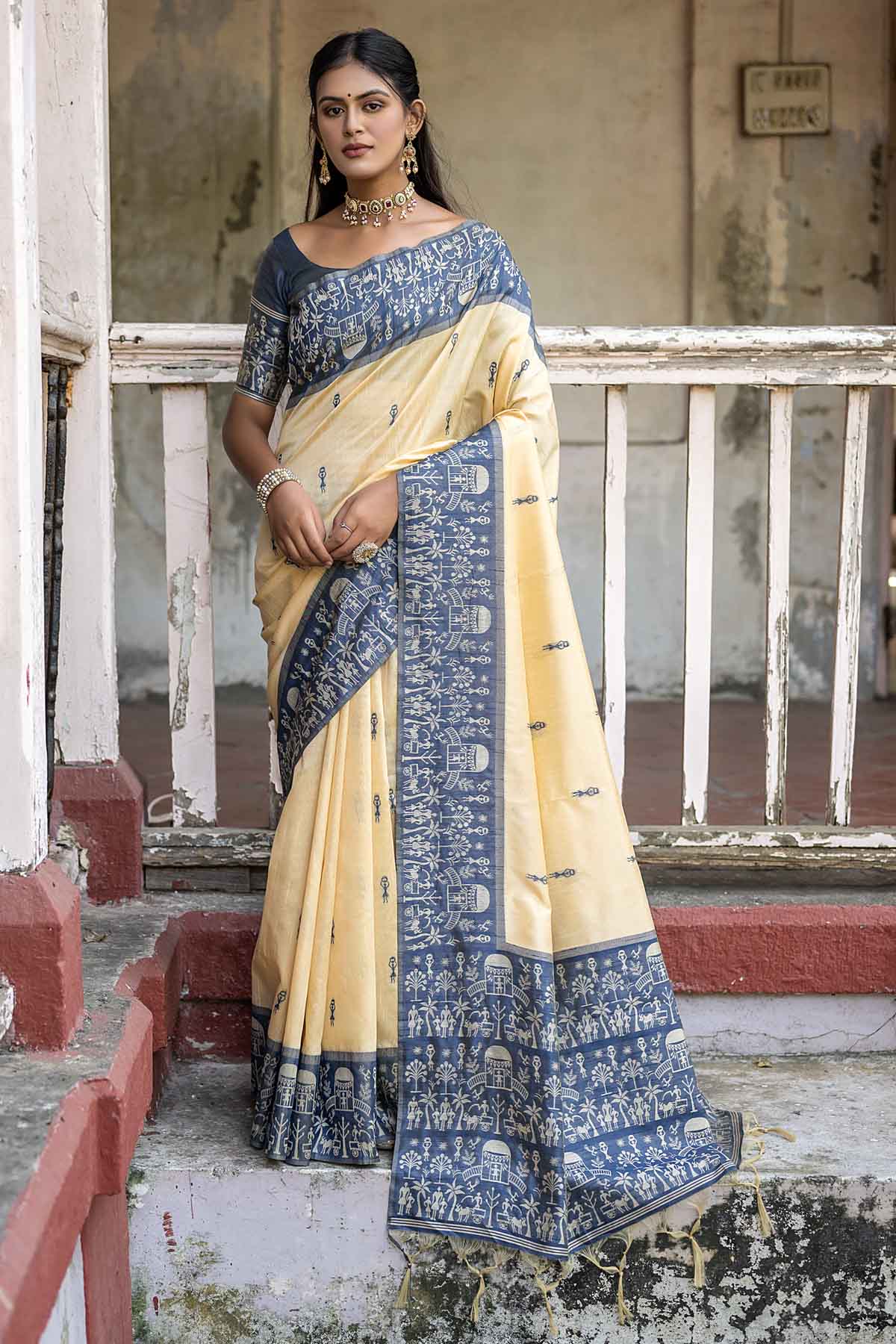 Warli Blue Border Silk Saree