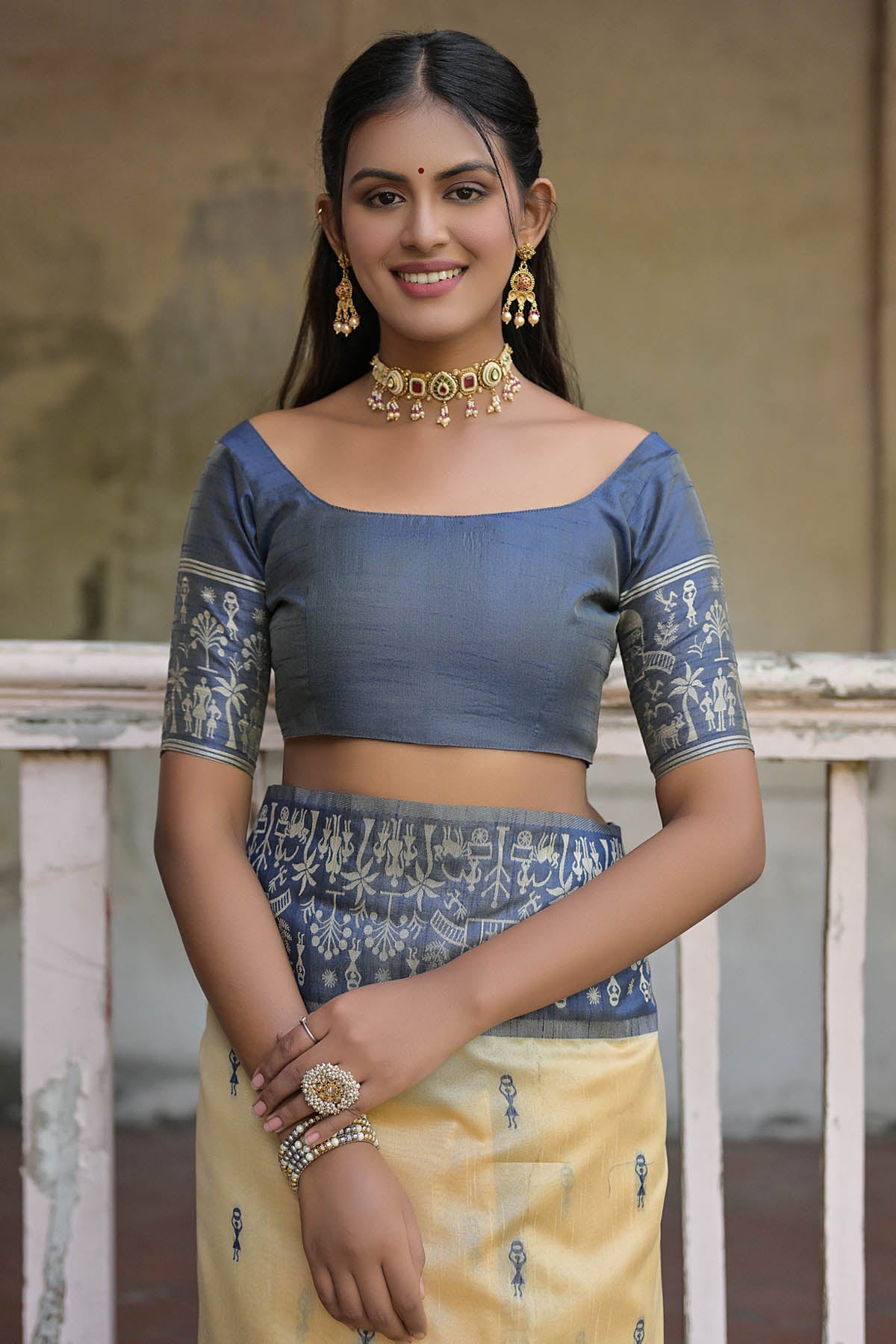 Warli Blue Border Silk Saree