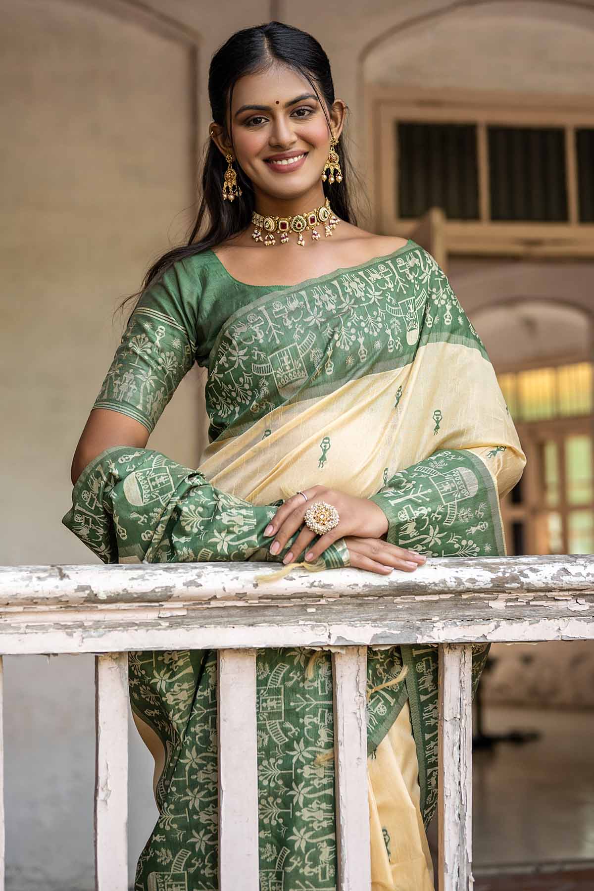 Warli Green Border Silk Saree
