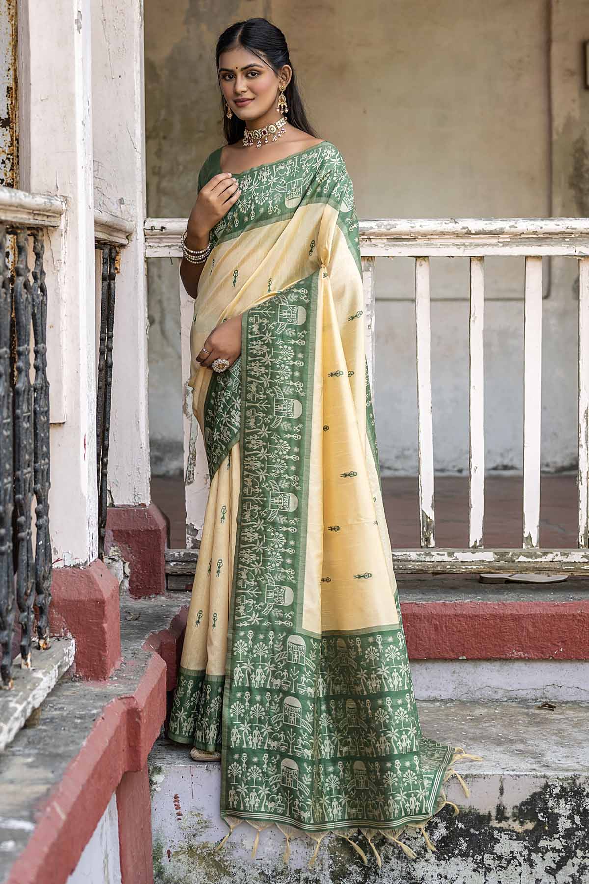 Warli Green Border Silk Saree