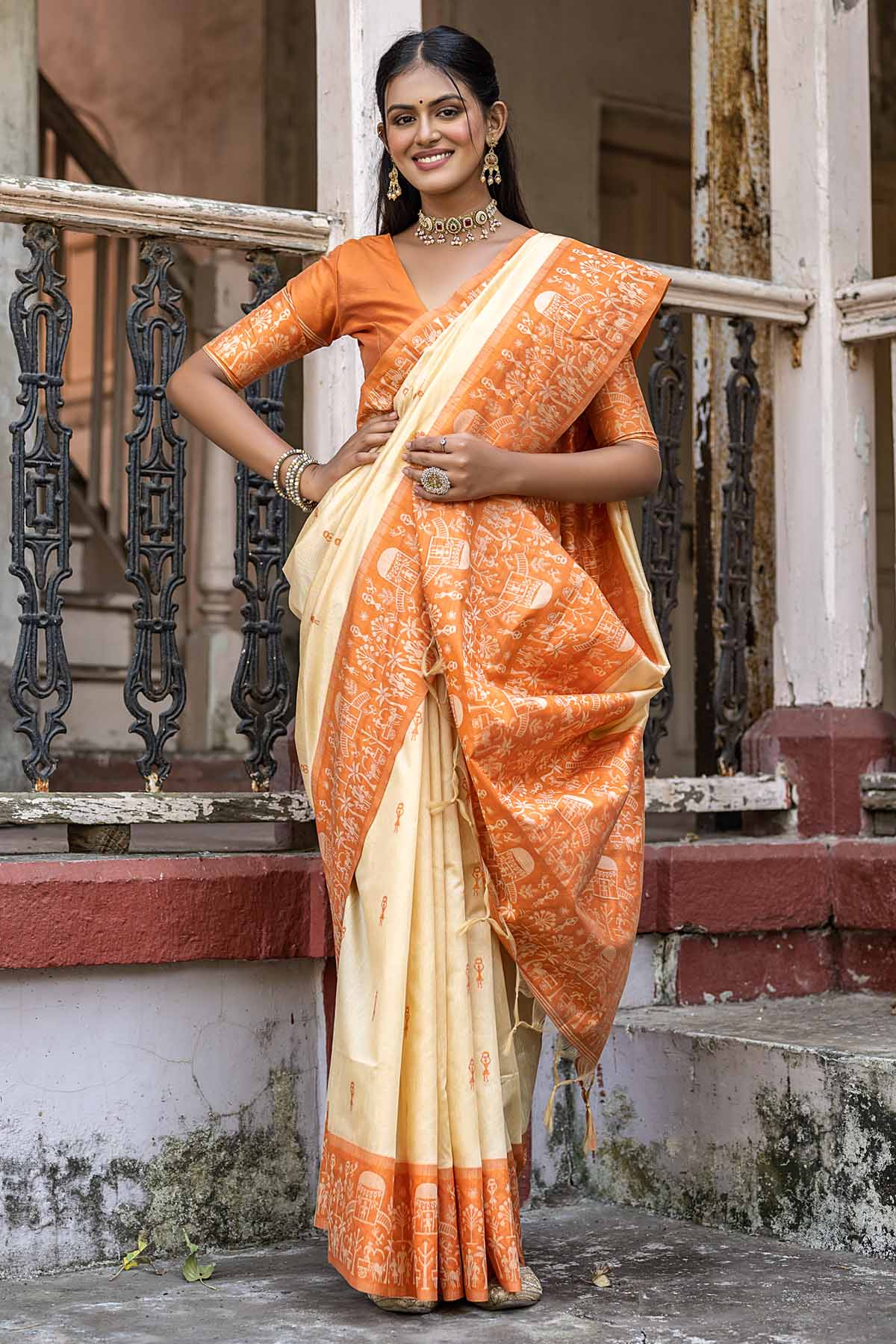 Warli Orange Border Silk Saree