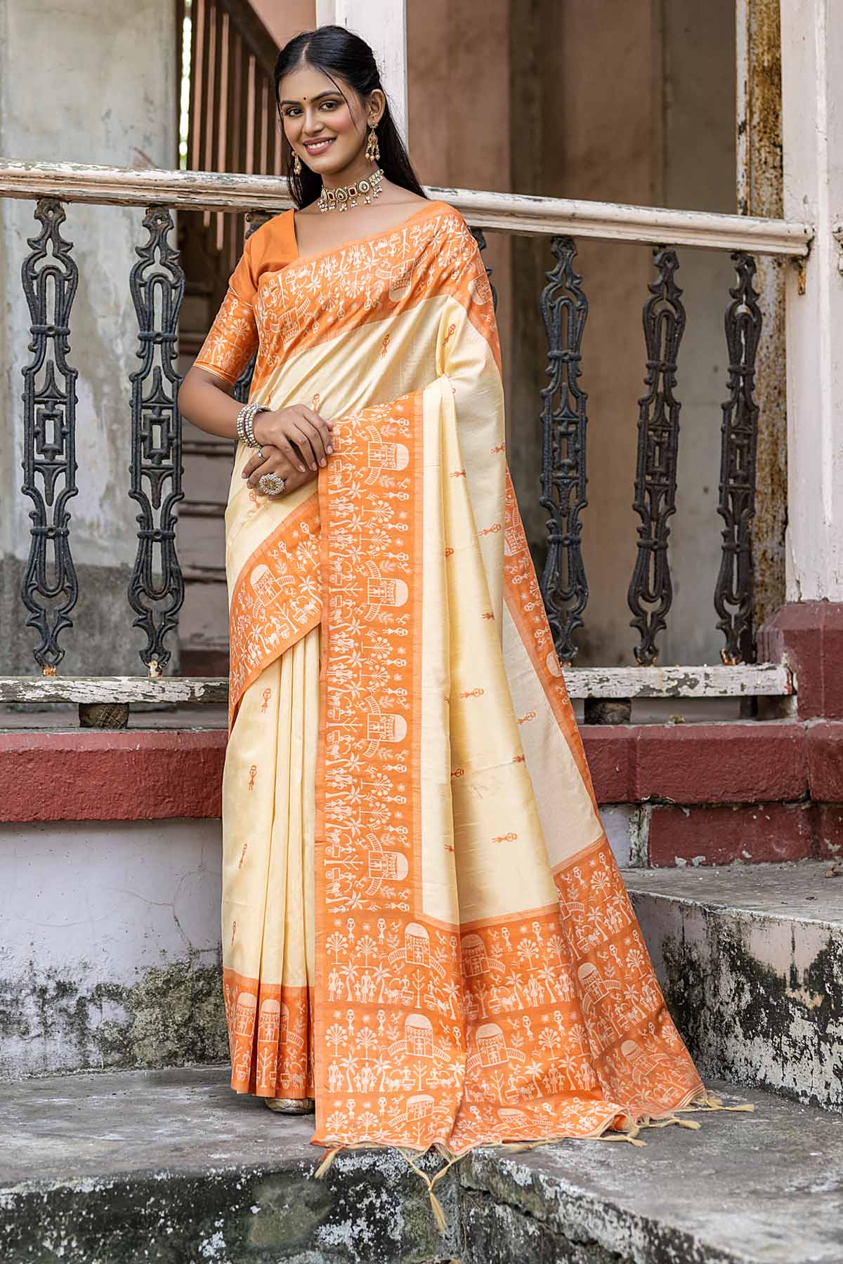 Warli Orange Border Silk Saree