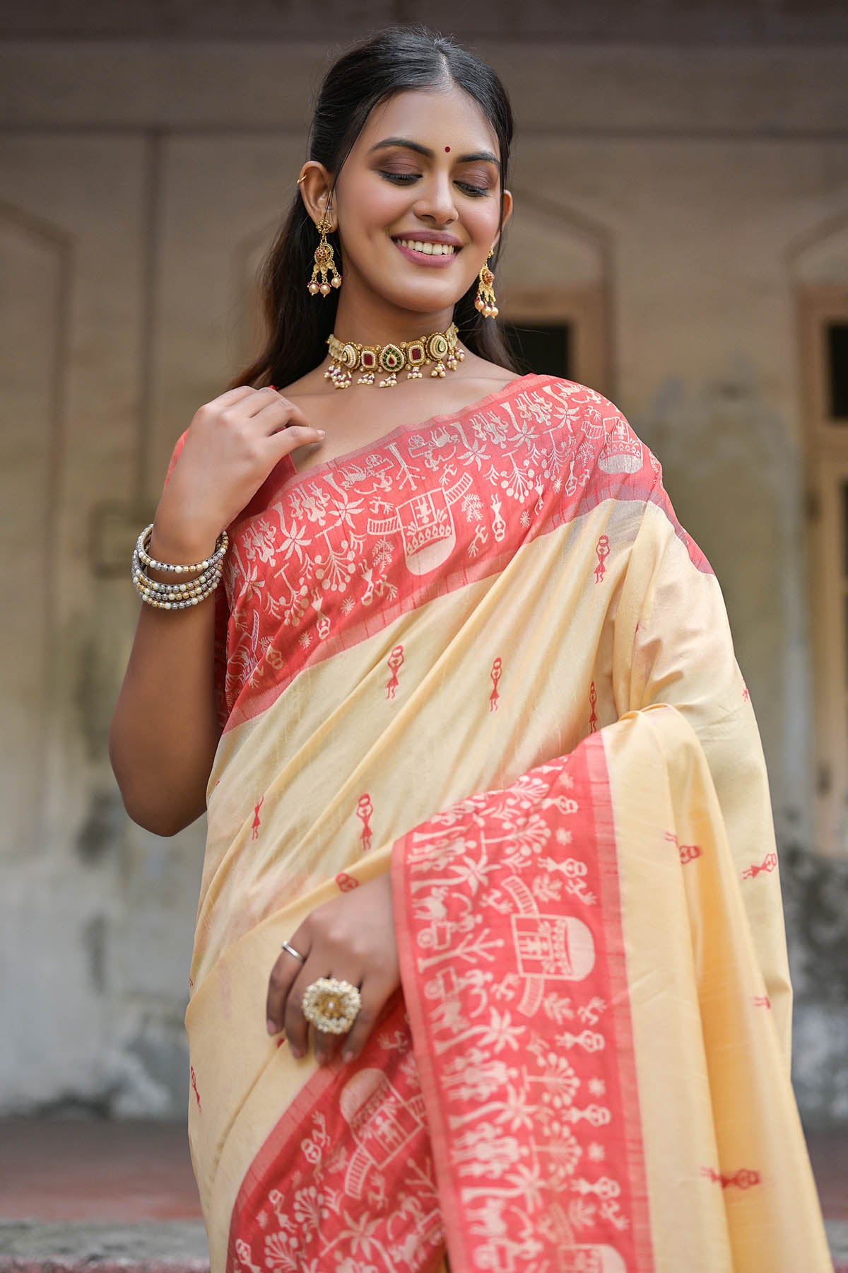 Warli Red Border Silk Saree