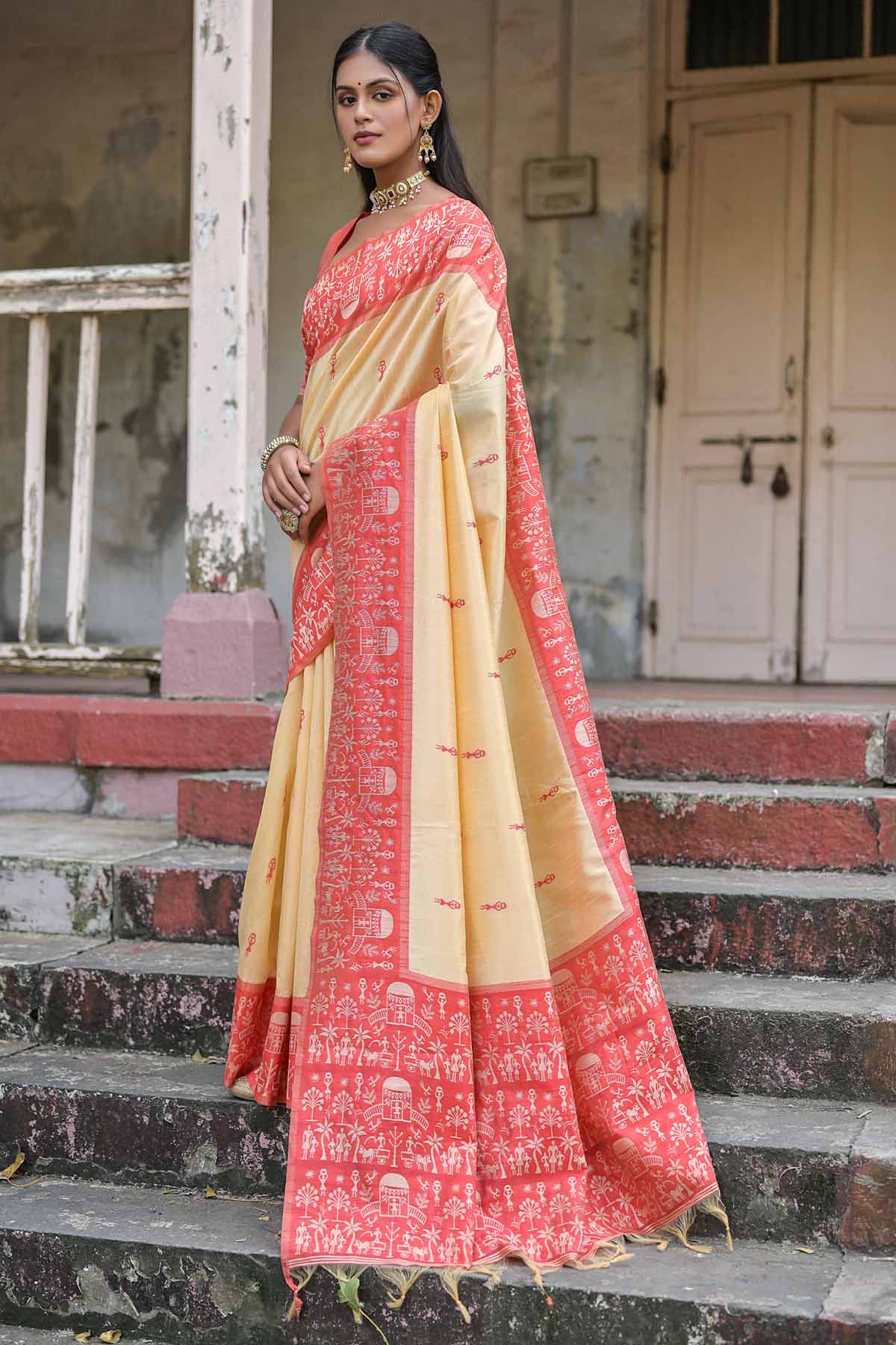 Warli Red Border Silk Saree