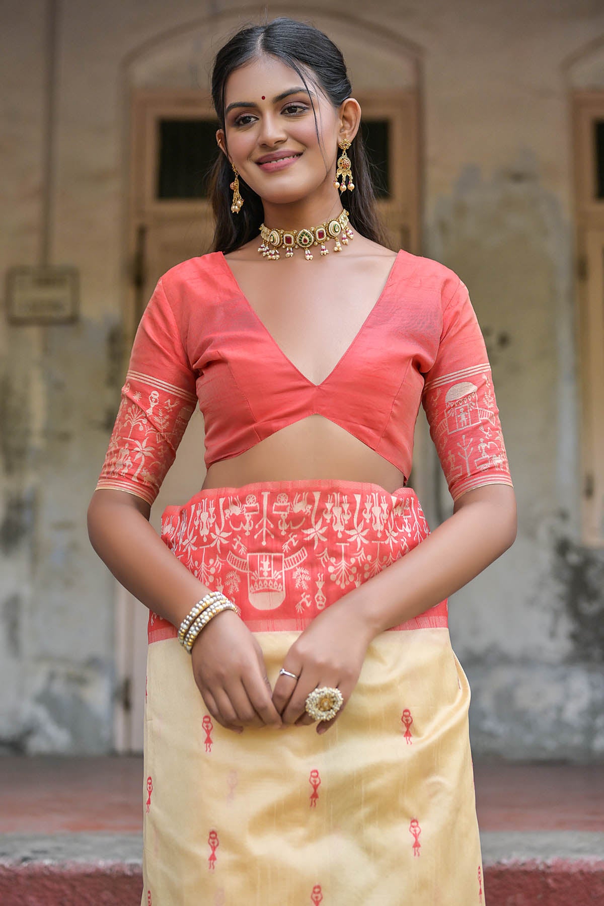 Warli Red Border Silk Saree