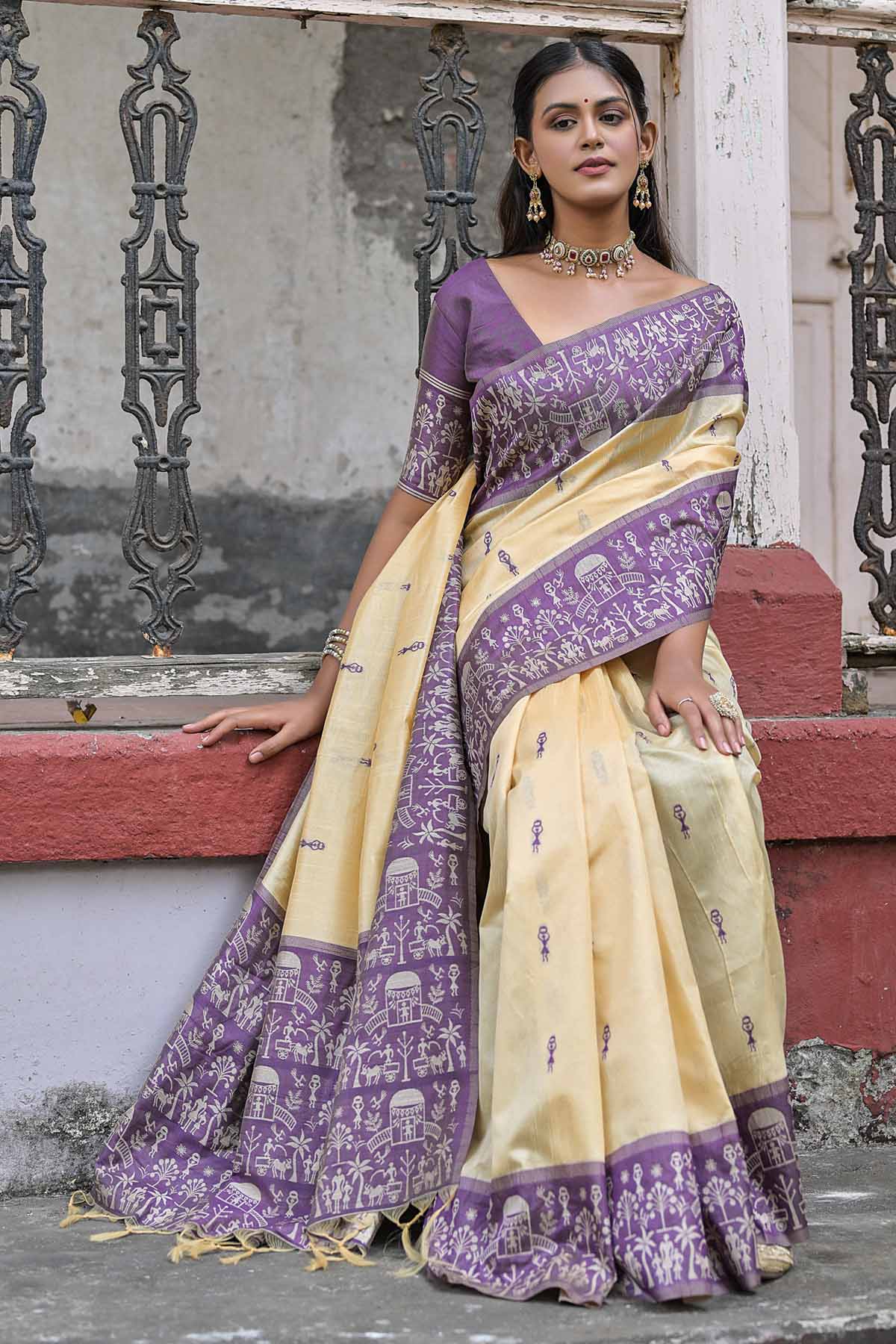 Warli Wine Border Silk Saree