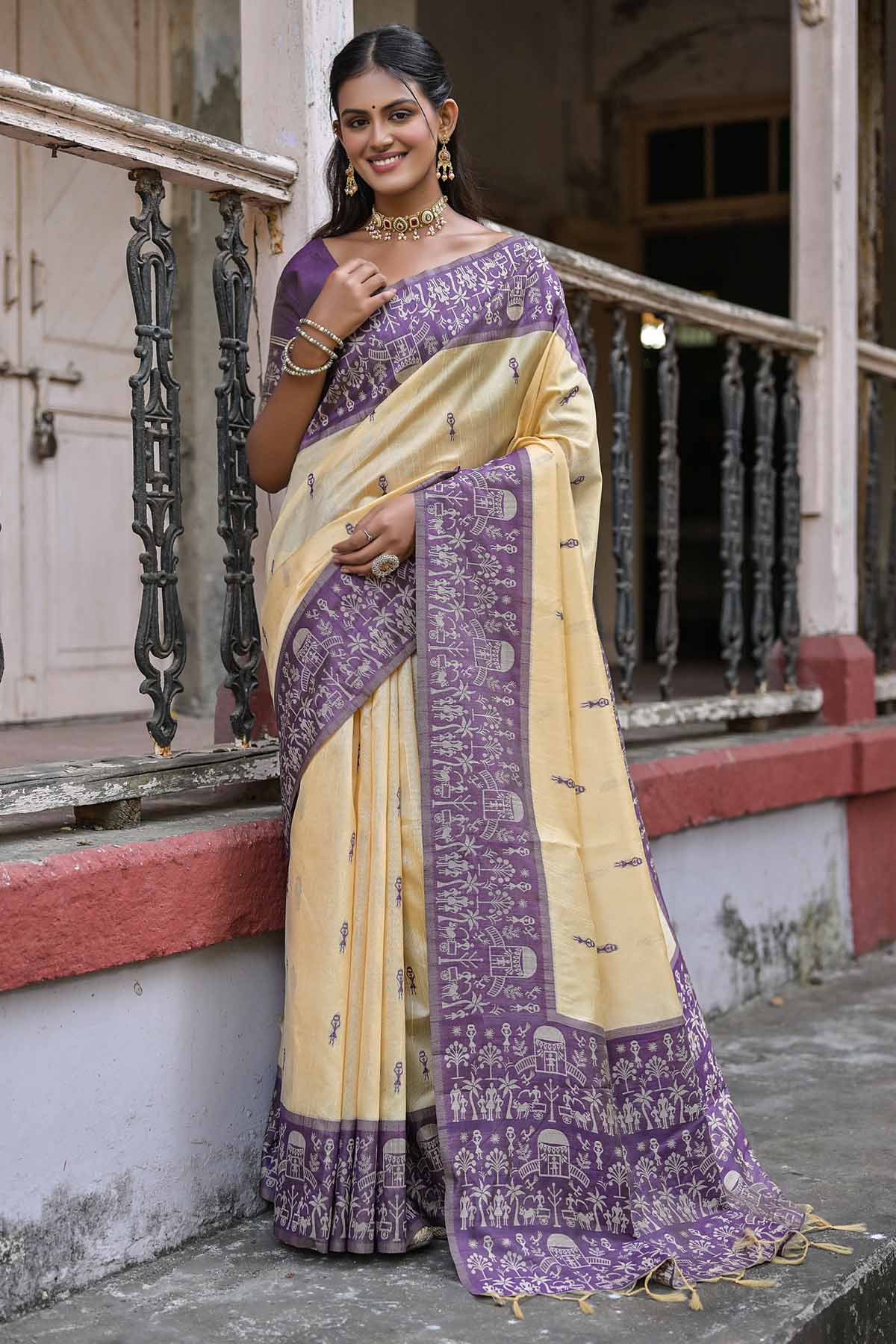 Warli Wine Border Silk Saree