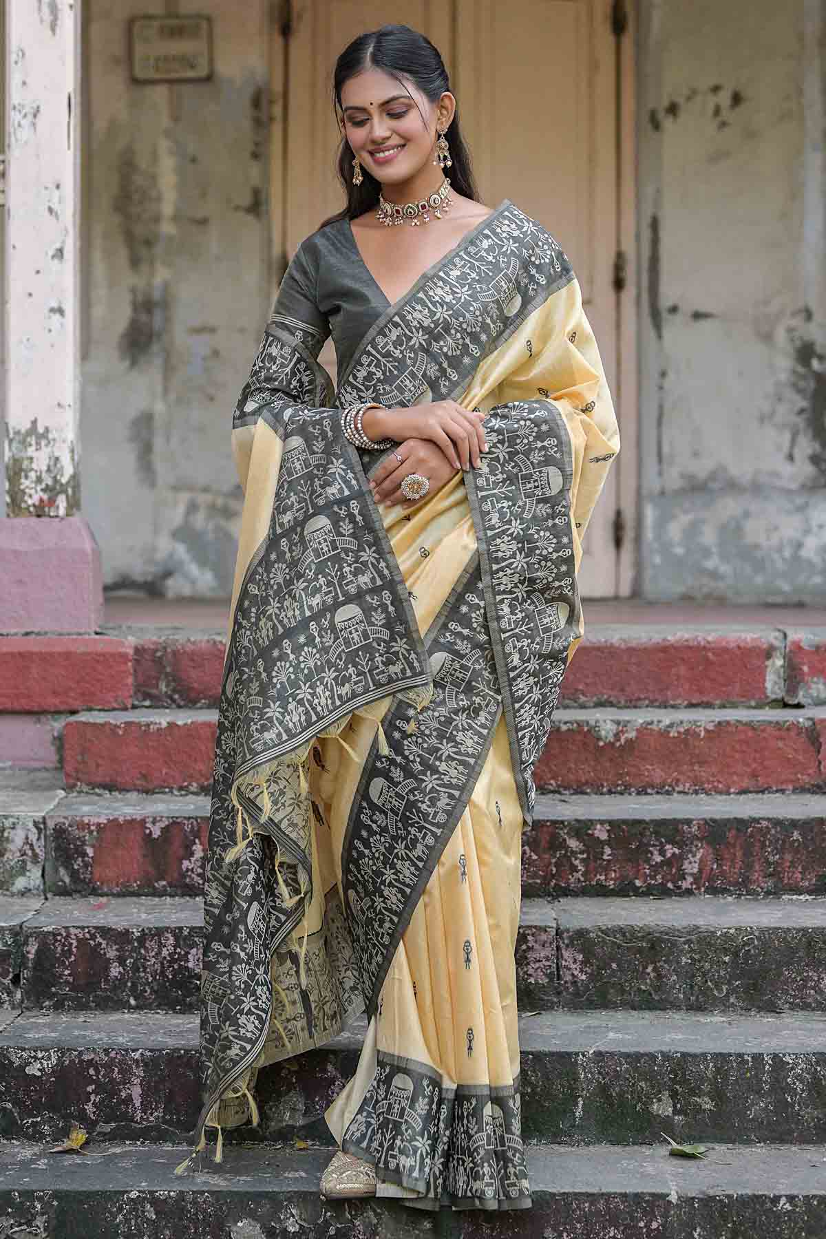 Buy Designer Warli Black Border Saree Online