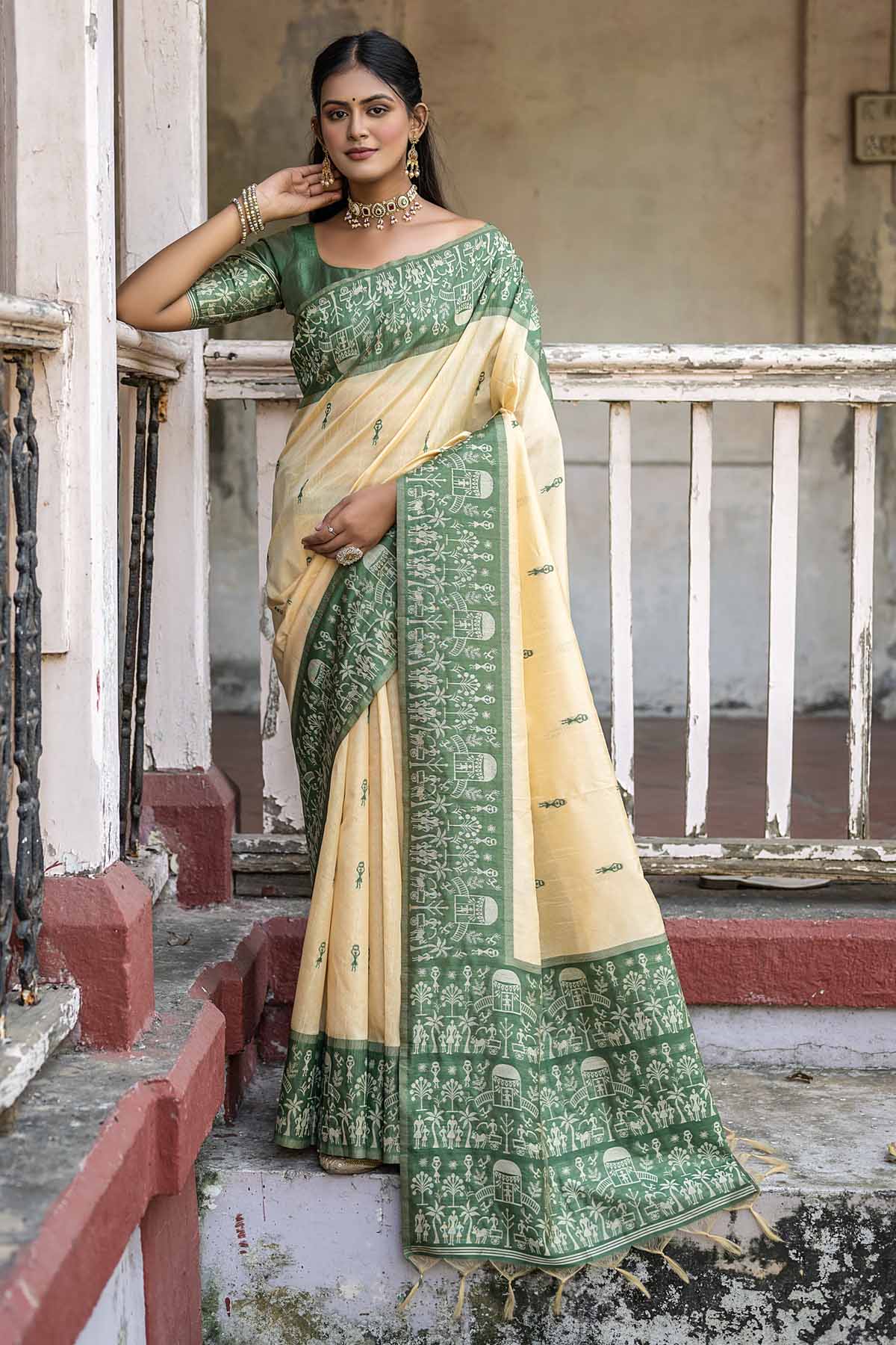 Buy Designer Warli Green Border Silk Saree Online