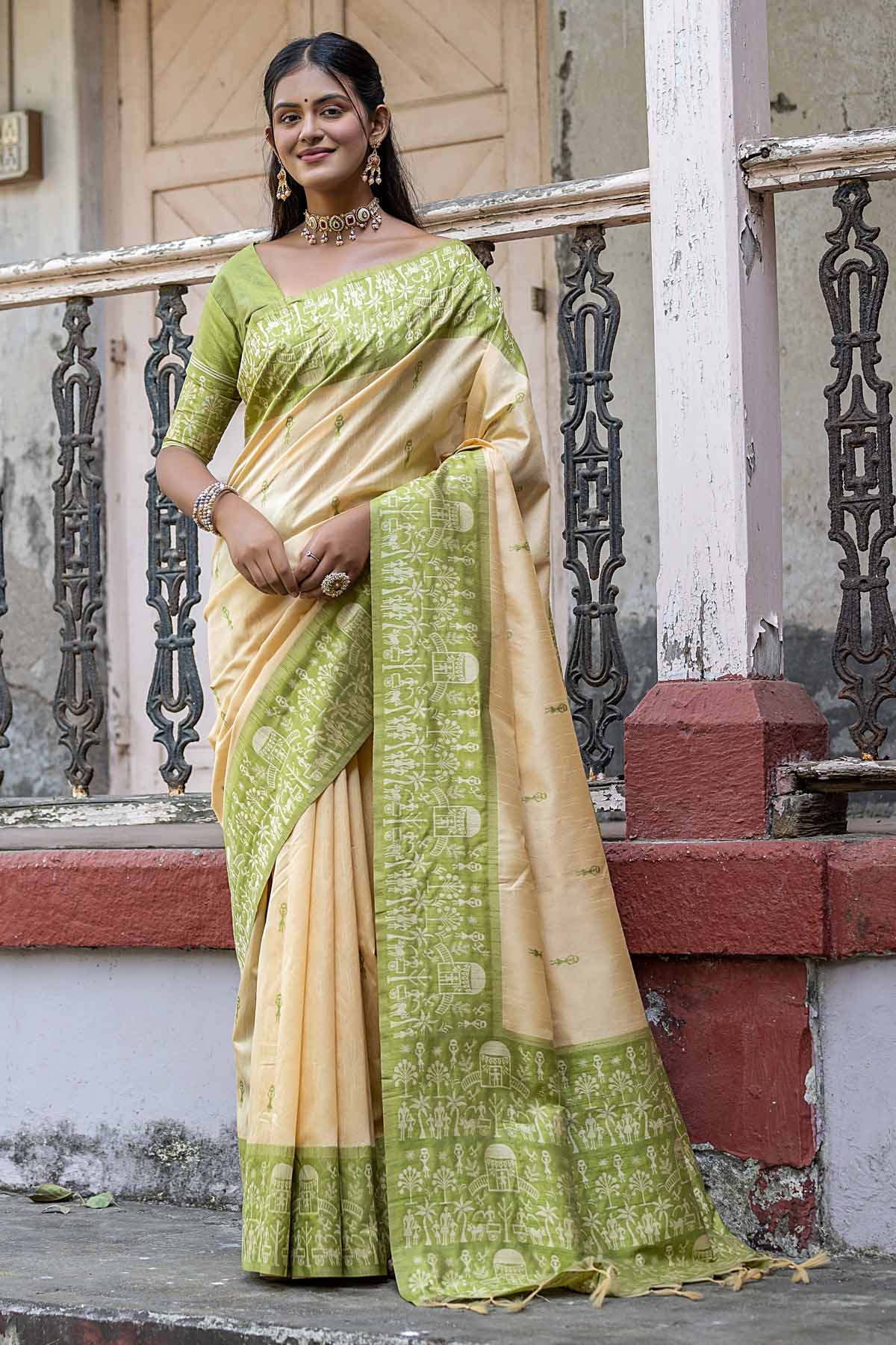 Buy Designer Warli Mehendi Border Silk Saree Online