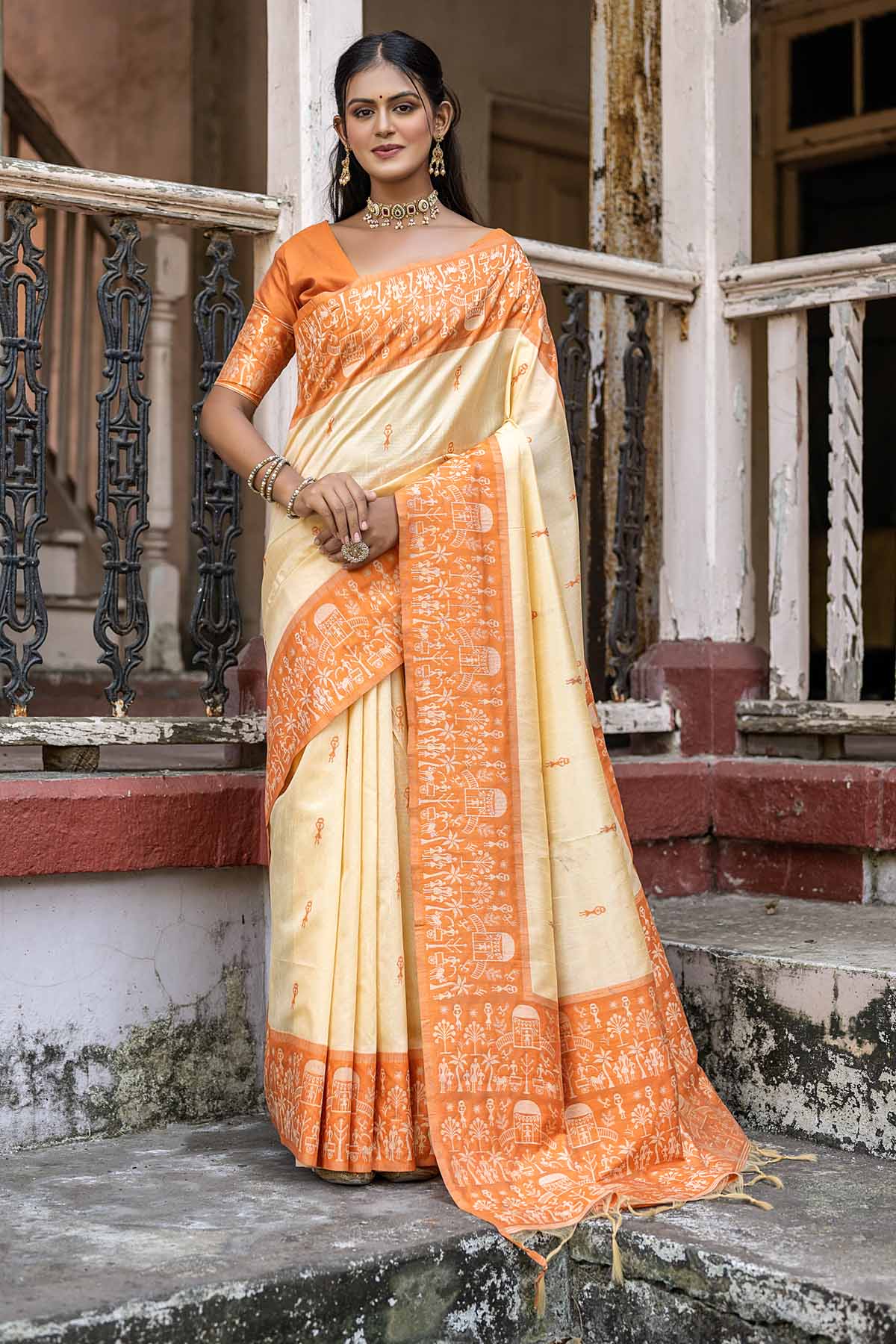 Buy Designer Warli Orange Border Silk Saree Online