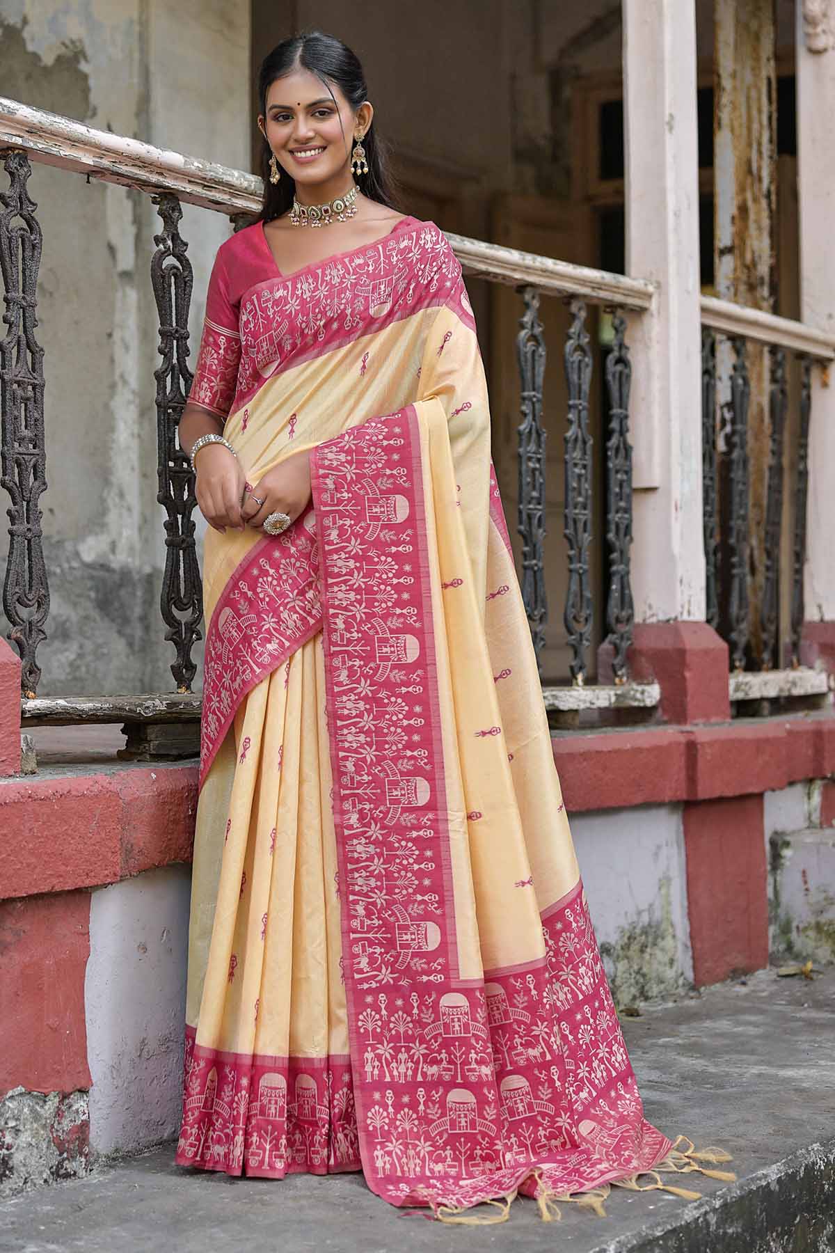 Buy Designer Warli Rani Border Silk Saree Online