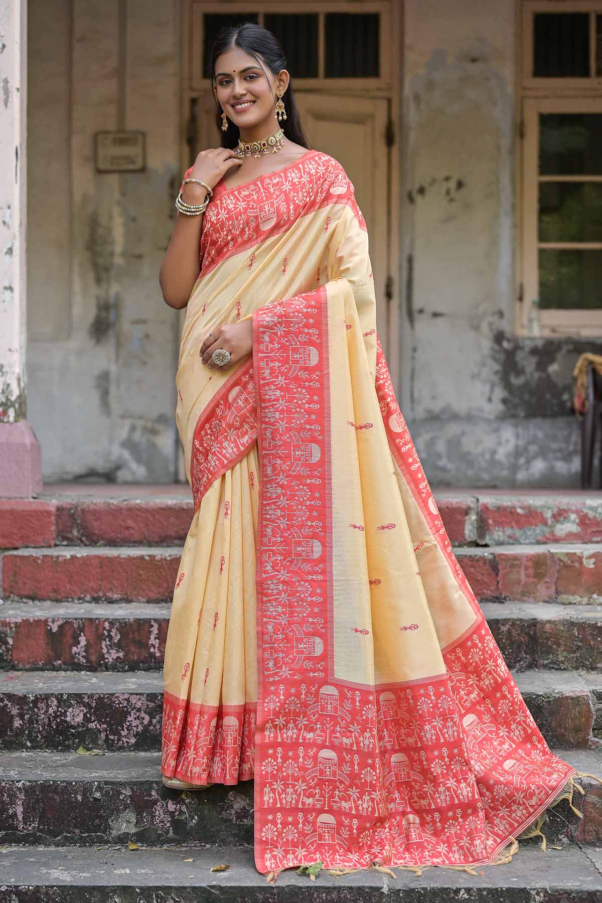 Buy Designer Warli Red Border Silk Saree Online