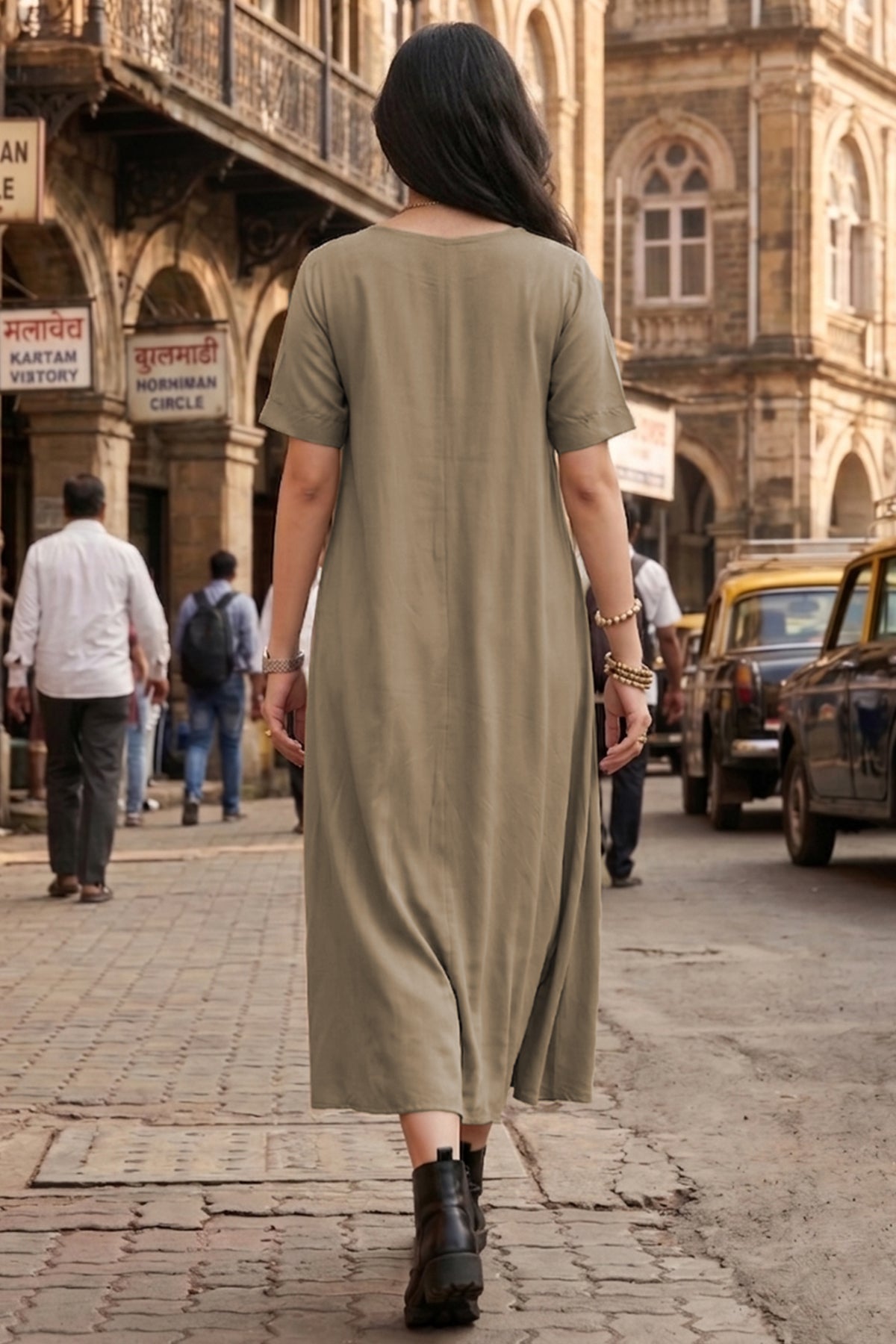 Warm Grey Cotton Flared Dress