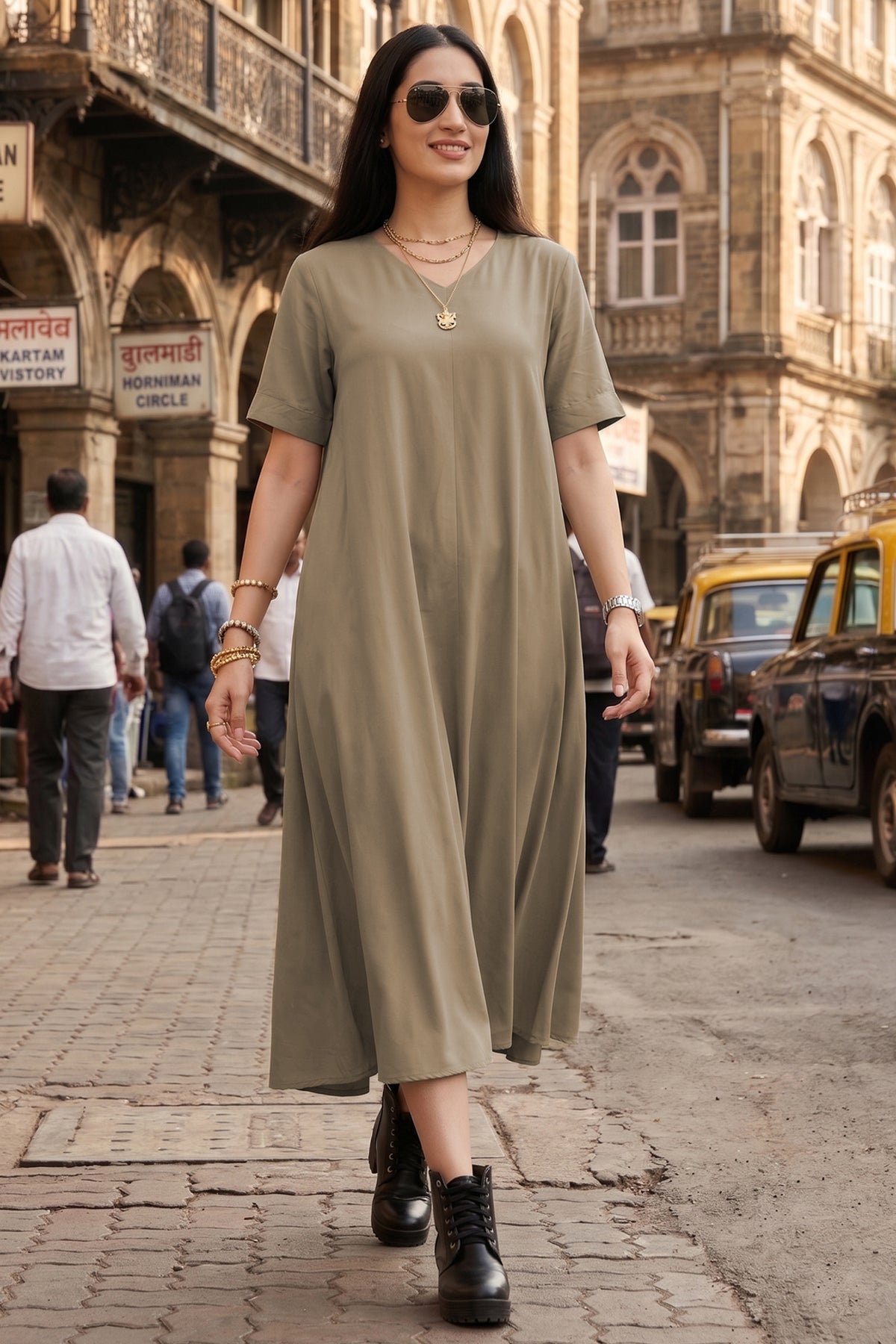 Buy Warm Grey Cotton Flared Dress for women by Sneha B online available at scrollnshops