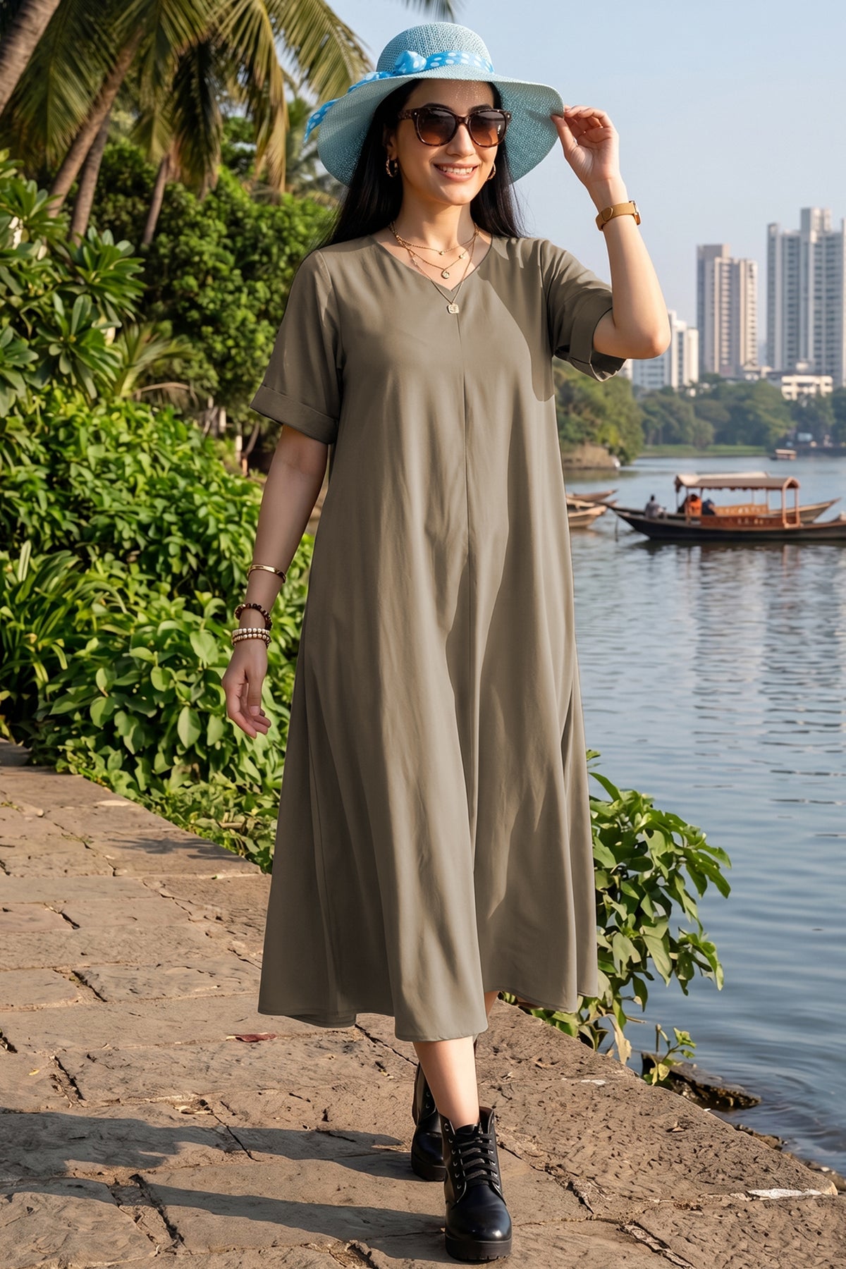 Warm Grey Cotton Flared Dress