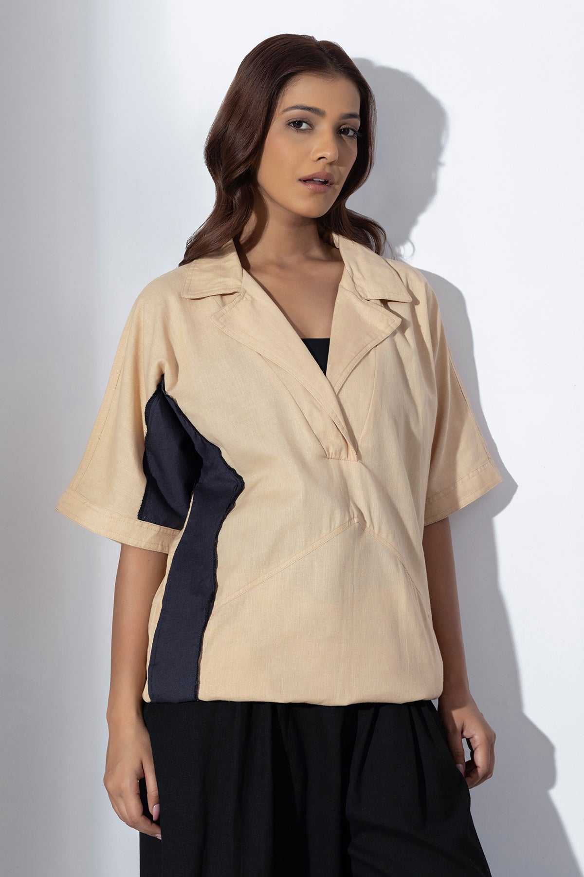 Buy Warm Sand Patchwork Detail Shirt by Markkah Studio for Women online at ScrollnShops